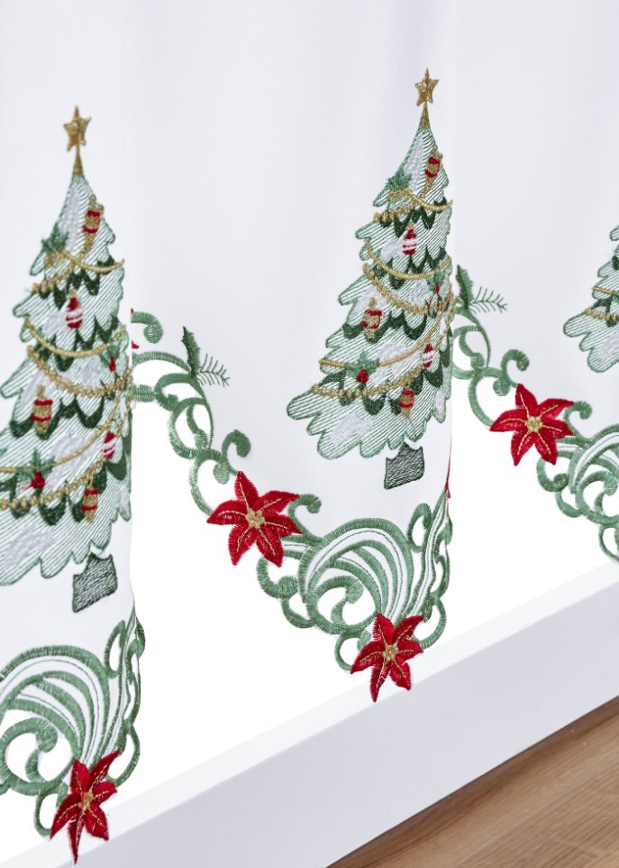 Scheibengardine mit weihnachtlicher Stickerei