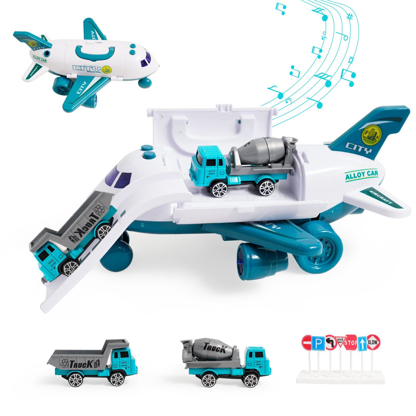 BeebeeRun Spielzeug-Flugzeug, (Transportflugzeug mit simuliertem Abgas-Effekt - Sprüheffekt mit Wasseraufnahme & 2 Lastwagen)
