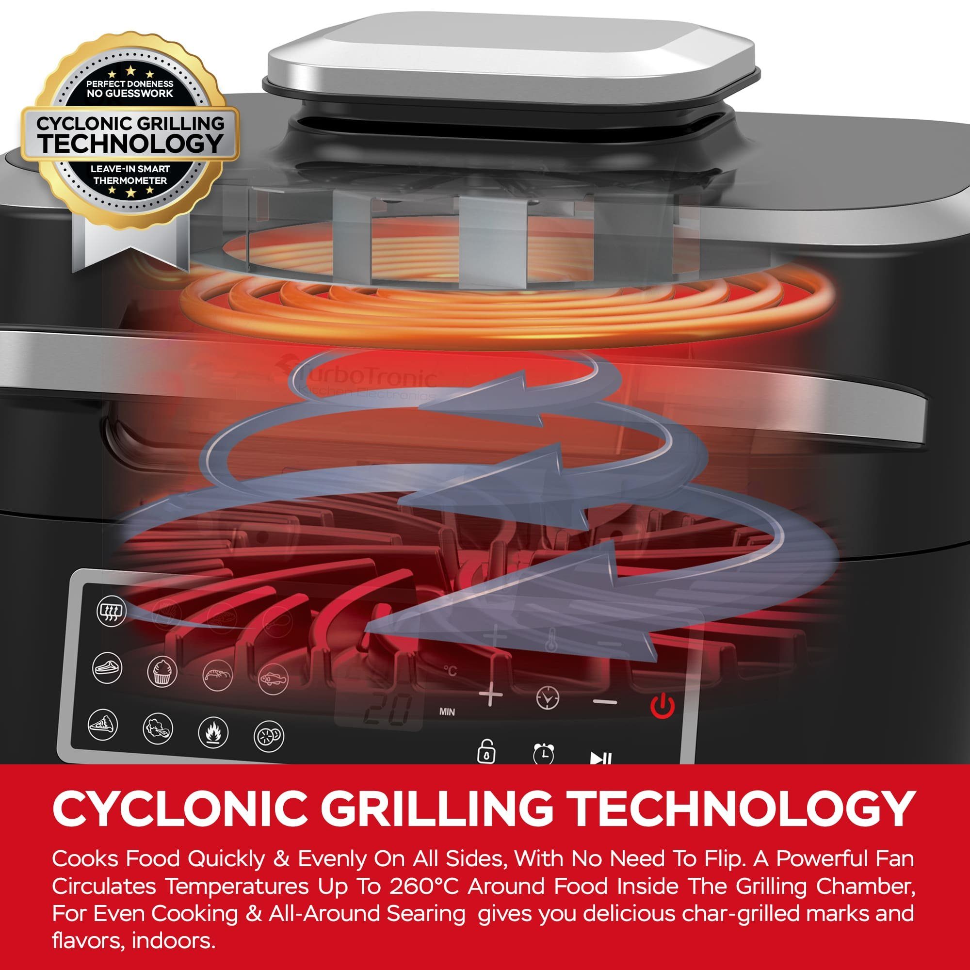 TurboTronic by Z-Line Heißluftfritteuse bis 260°C Food Grill mit digitalem Temperaturfühler 6,5 L Volumen, 1800 W, Tischgrill mit Crisper Plate Steakgrill