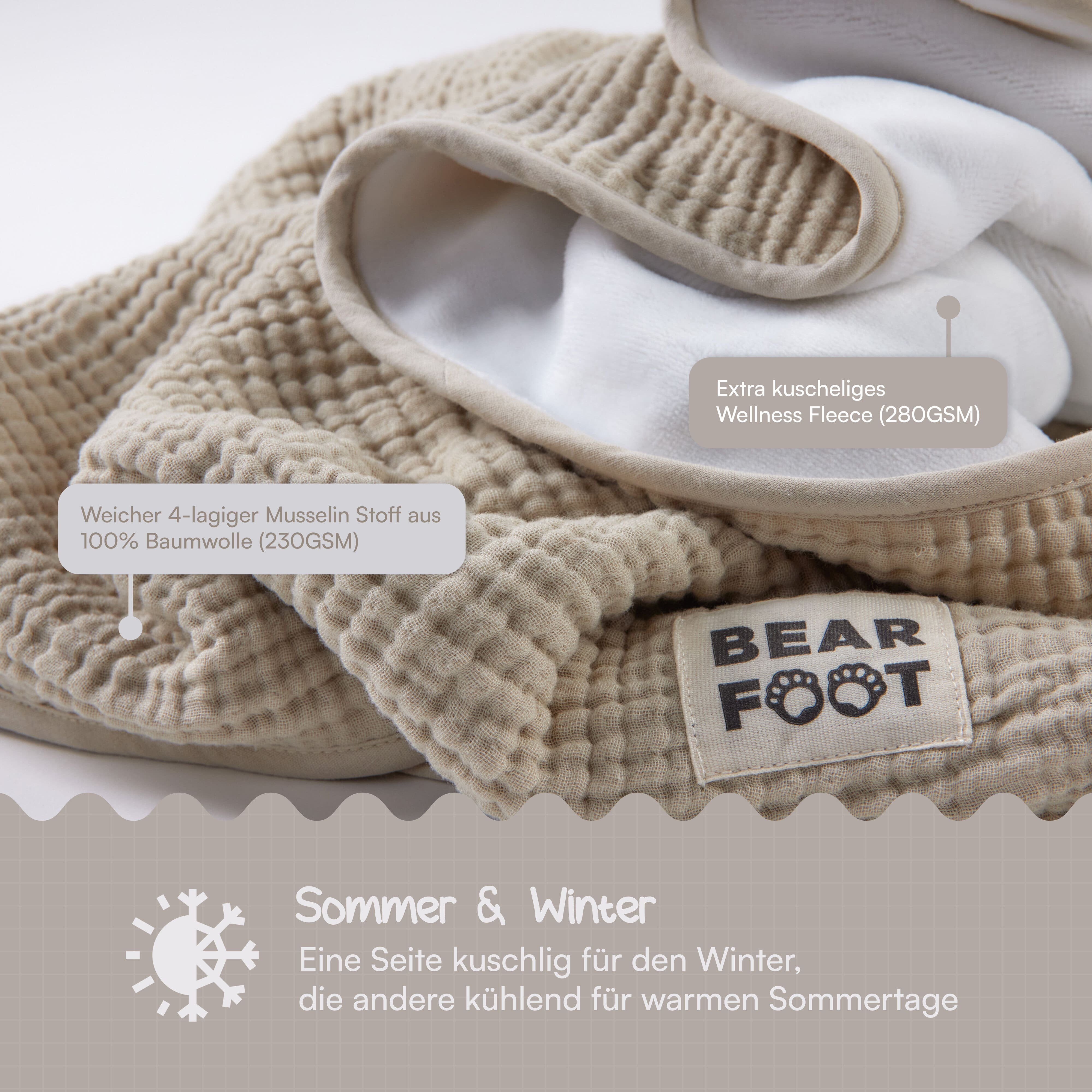 Babydecke Babydecke Musselin Fleecedecke flauschig weich - braun, BEARFOOT, flauschige Kuscheldecke, Baby, Neugeborene, Geschenk Junge & Mädchen