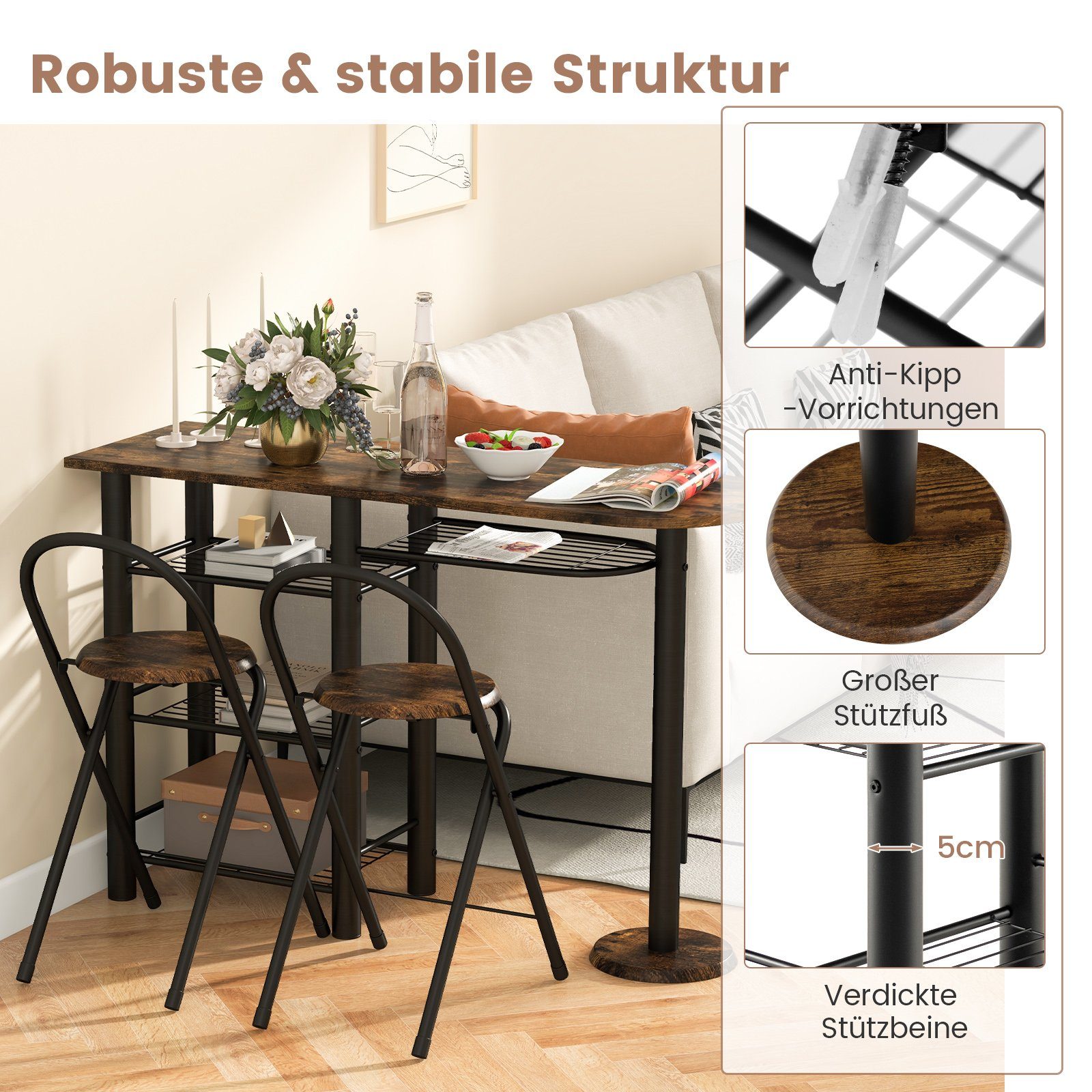COSTWAY Bartisch (3-St), mit 2 Barhocker und 4-stufigem Regal, für 2 Personen