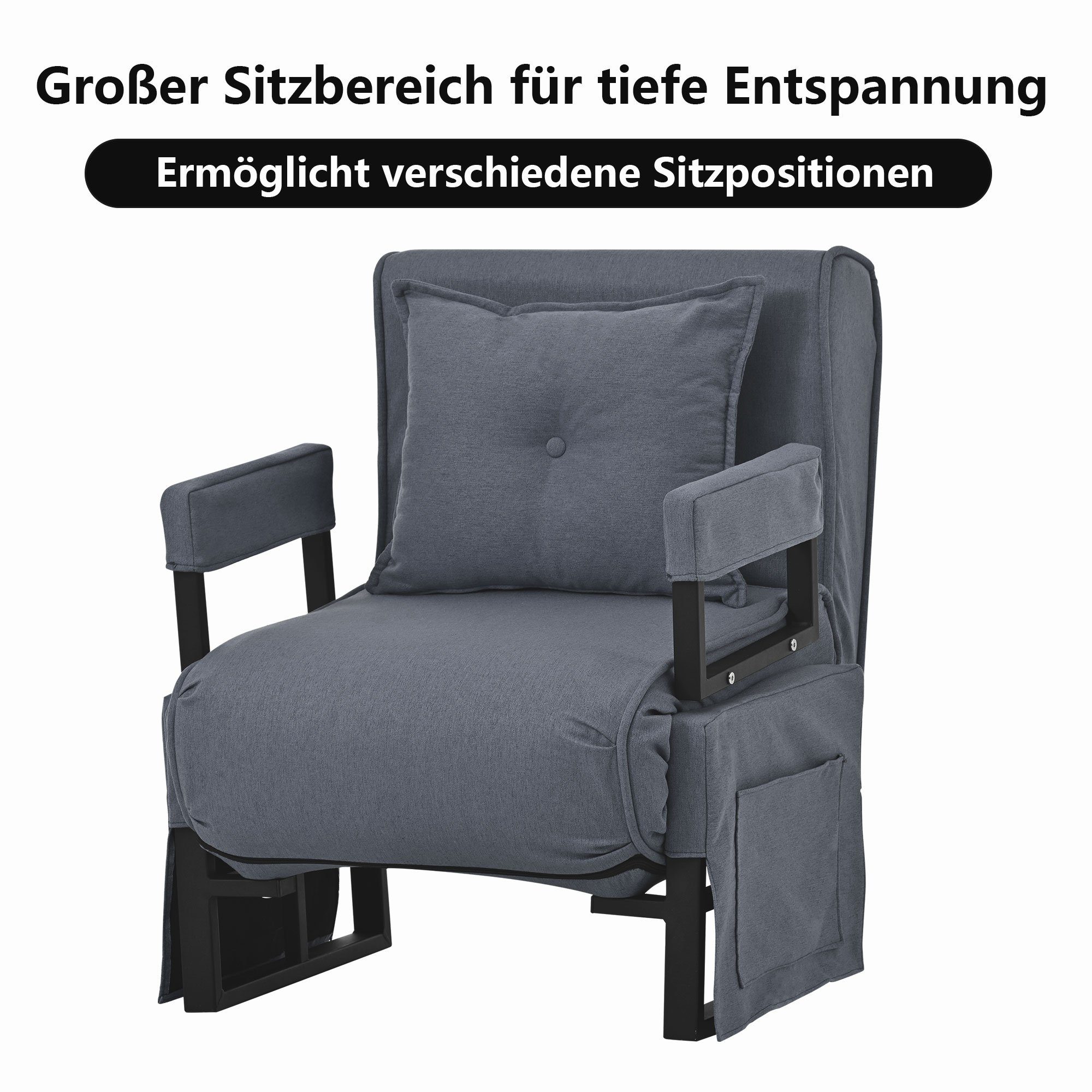 Merax Relaxsessel 3-in-1 faltbar mit Leinenbezug und Metallrahmen, Schlafsessel, Liegesessel mit 6 Fach vestellbarer Rücklehne, Relaxliege umwandelbar