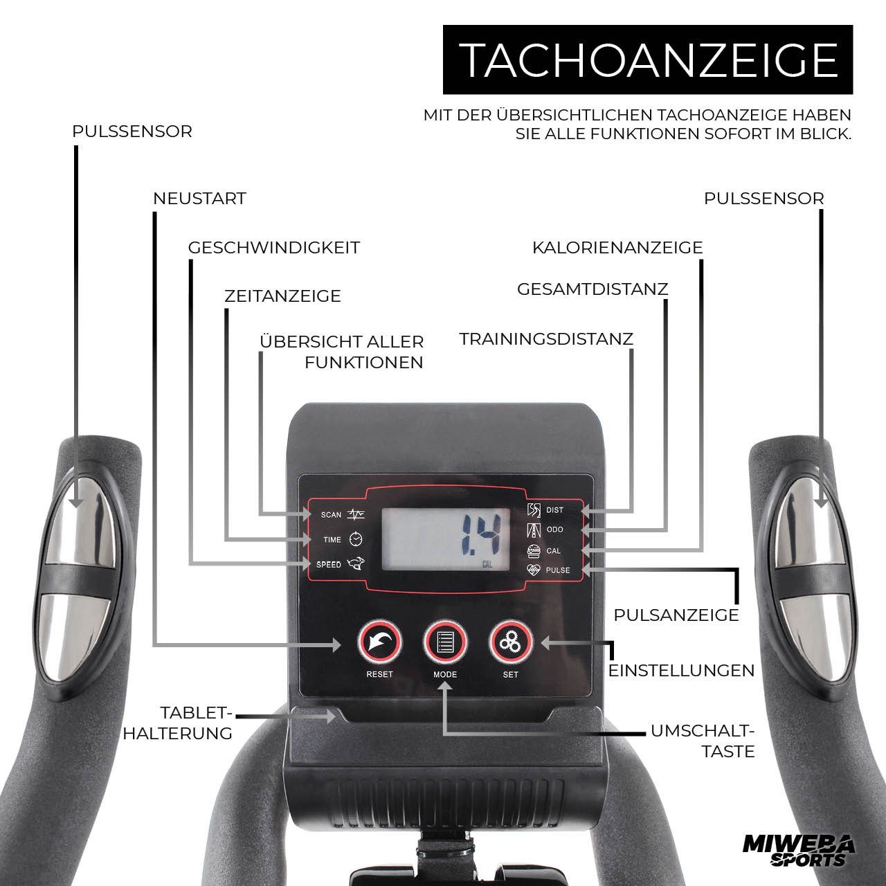 Miweba Sports Speedbike Profi Indoor Cycle Bike MS200 - 13 Kg Schwungmasse (Sportgeräte für zu hause, Heimtrainer Fahrrad, Trimmrad, Fahrradtrainer, Cardio, Sport, Training, Ganzkörpertraining, 1-tlg., Pulsmesser, LCD Display, Handy & Tablethalterung