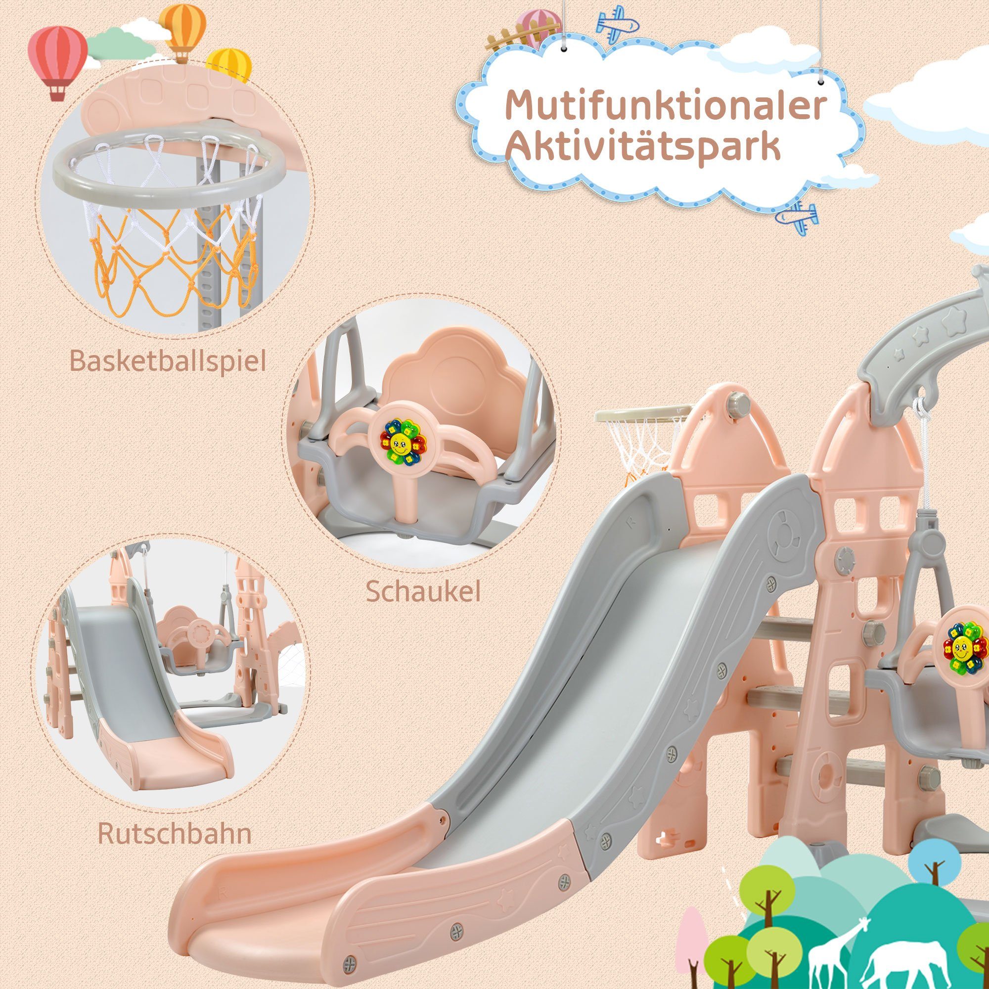 HAUSS SPLOE Indoor-Rutsche Rutsche 5-in-1 Kinderrutsche Rutsche & Kletterspielzeug, (Schaukel Rutsche Gartenrutsche + Basketballkorb Fußballtor Kletterturm), mit Rutschbahn für 2-8 Jahre Kinder Indoor & Outdoor