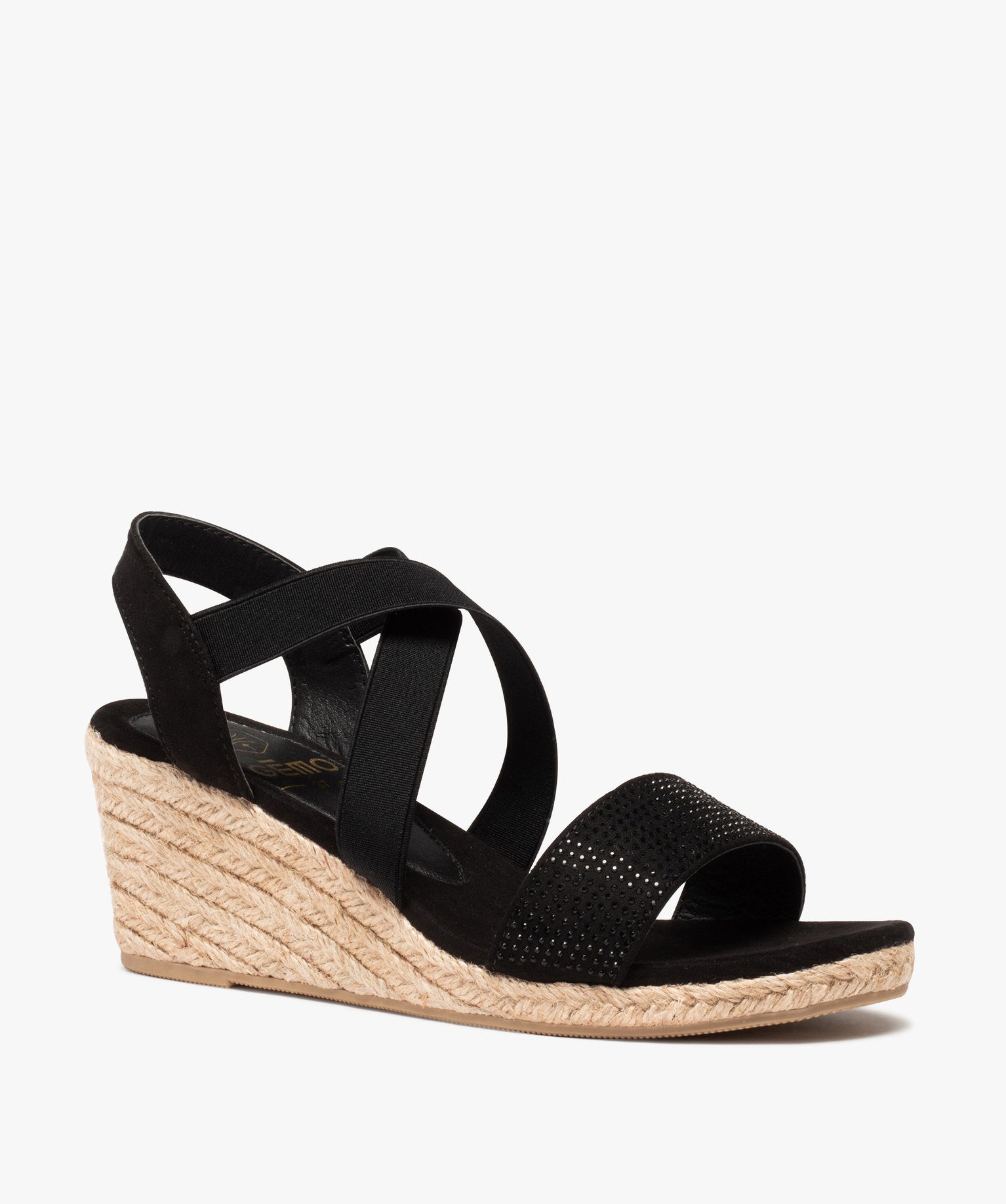Sandales femme compensées à brides élastiques et strass noir | GEMO