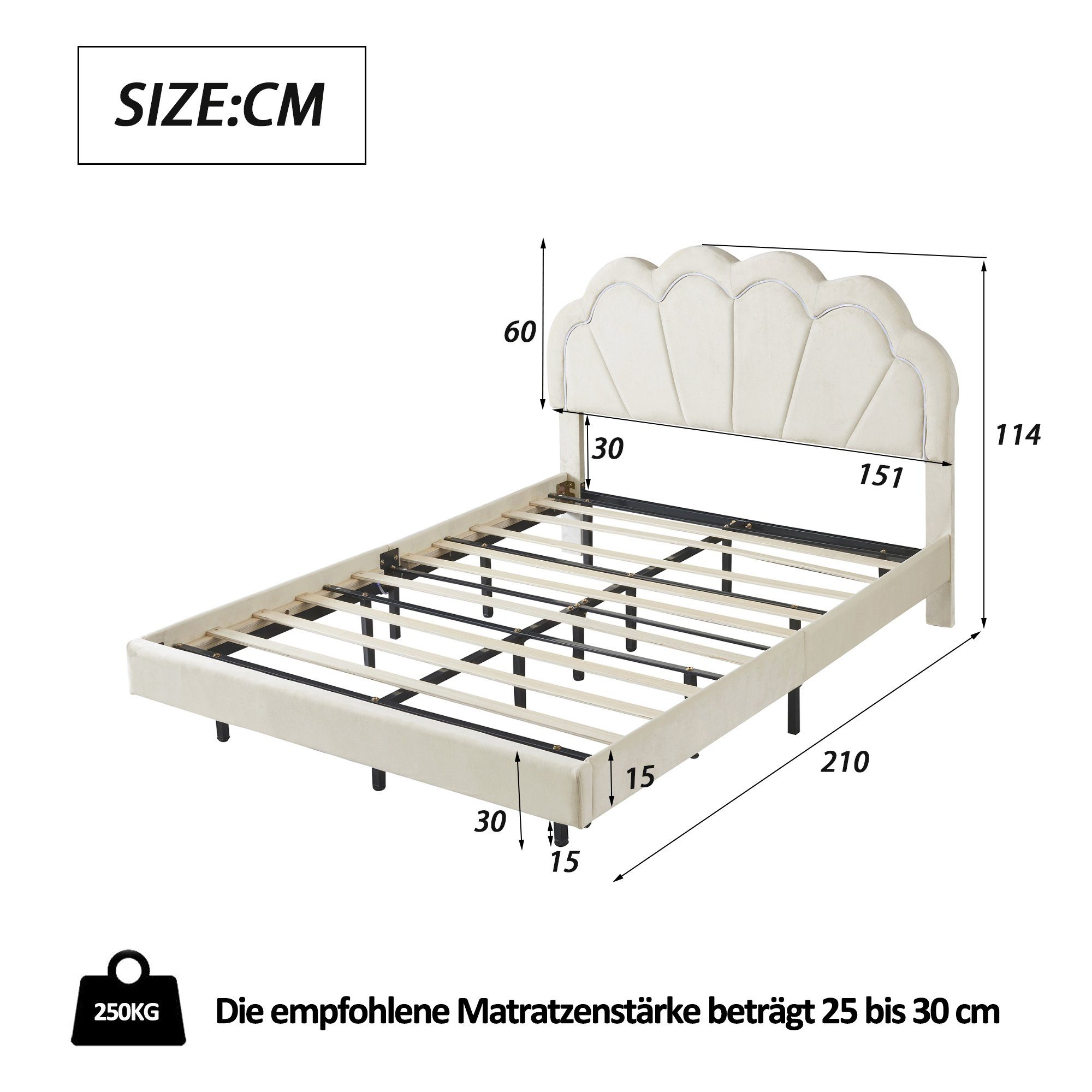 Flieks Polsterbett, LED Beleuchtung Doppelbett Schwebebett Muschel Kopfteil 140x200cm Samt