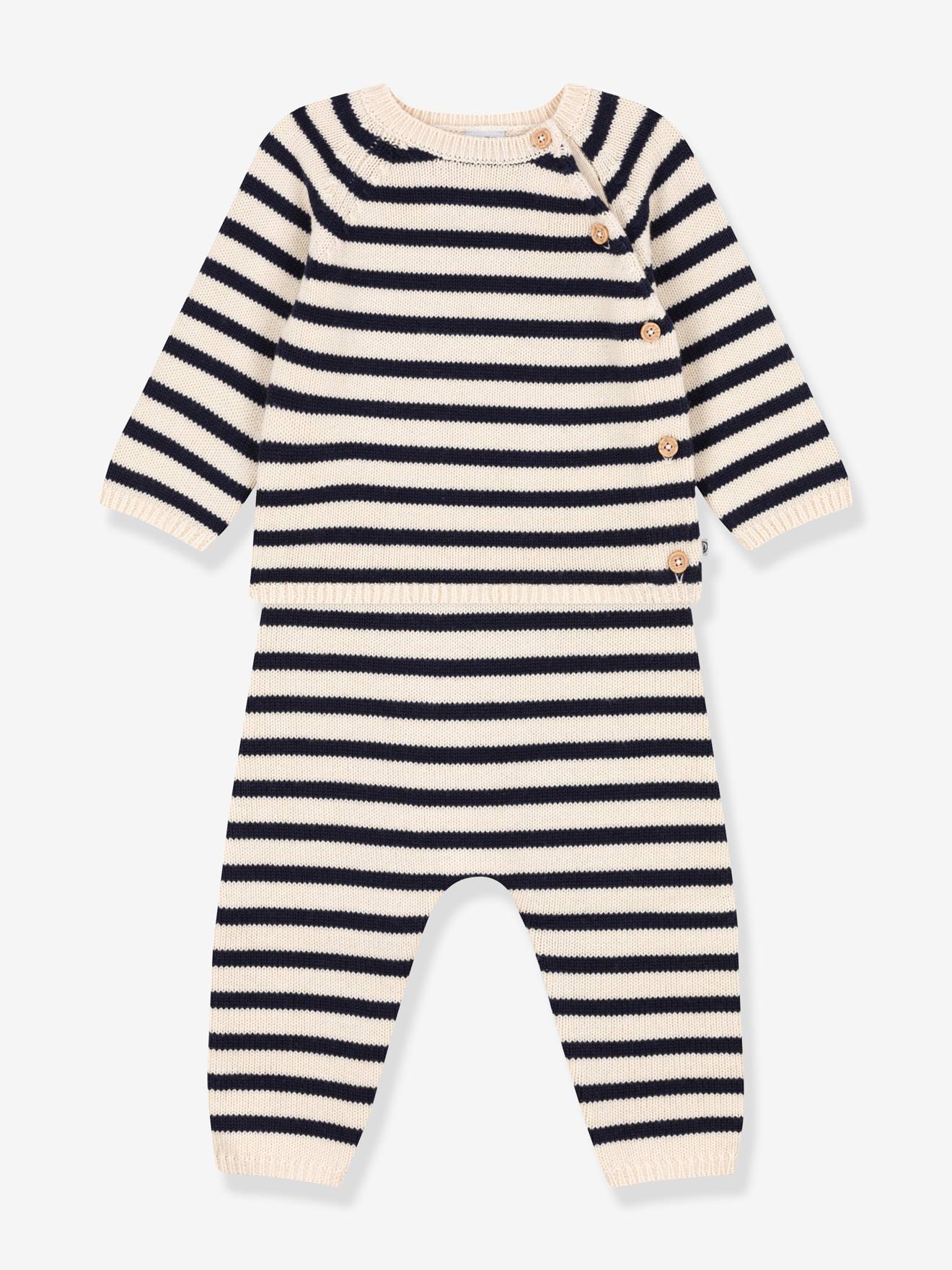 Ensemble en tricot laine et coton rayure marinière bébé PETIT BATEAU beige imprimé