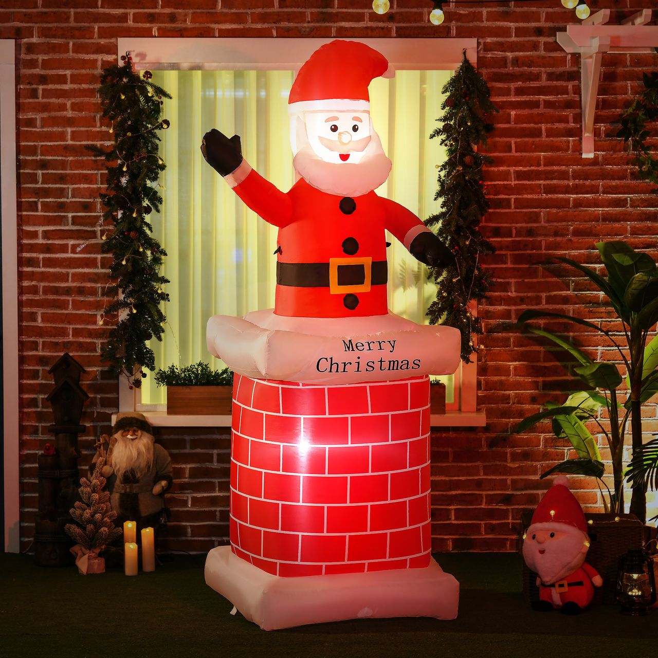 HOMCOM Weihnachtsdeko 2,10 m Weihnachtsmann mit Schornstein aufblasbar LED-Licht