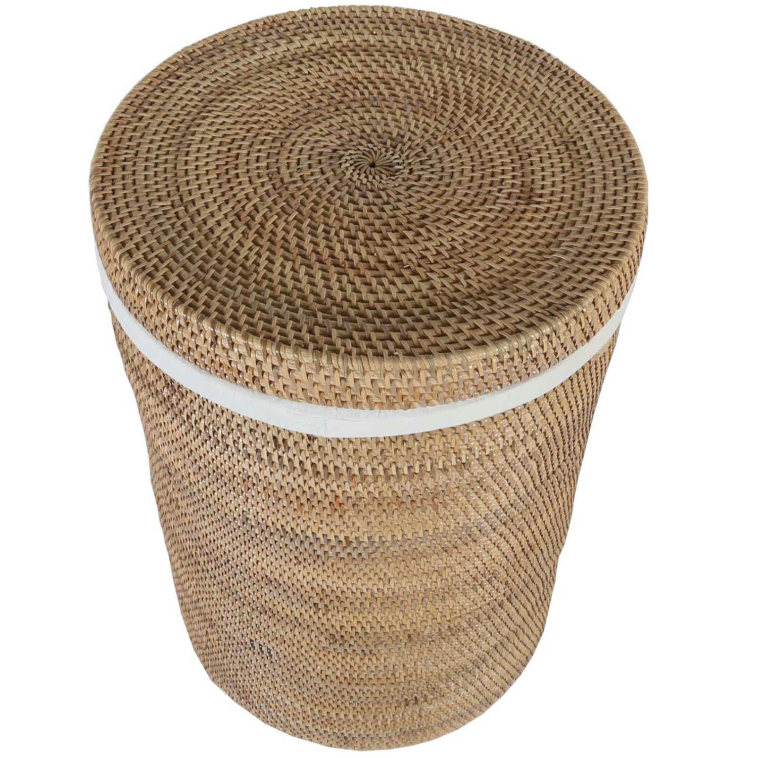 Casa Moro Wäschekorb Rattan Wäschekorb CLEO mit Deckel & Innenfutter rund (Aufbewahrungskorb rustikal geflochten, Rattankorb Weide Wäschebehälter), Boho Chic Wäschesammler mit Griff