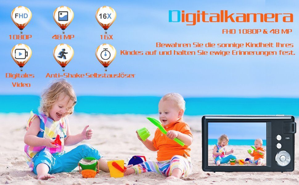 OKA kompakte Digitalkamera,4K HD 1080P 48MP Fotokamera mit 32 GB SD-Karte Kompaktkamera (48 MP, Autofokus und Fotografie)