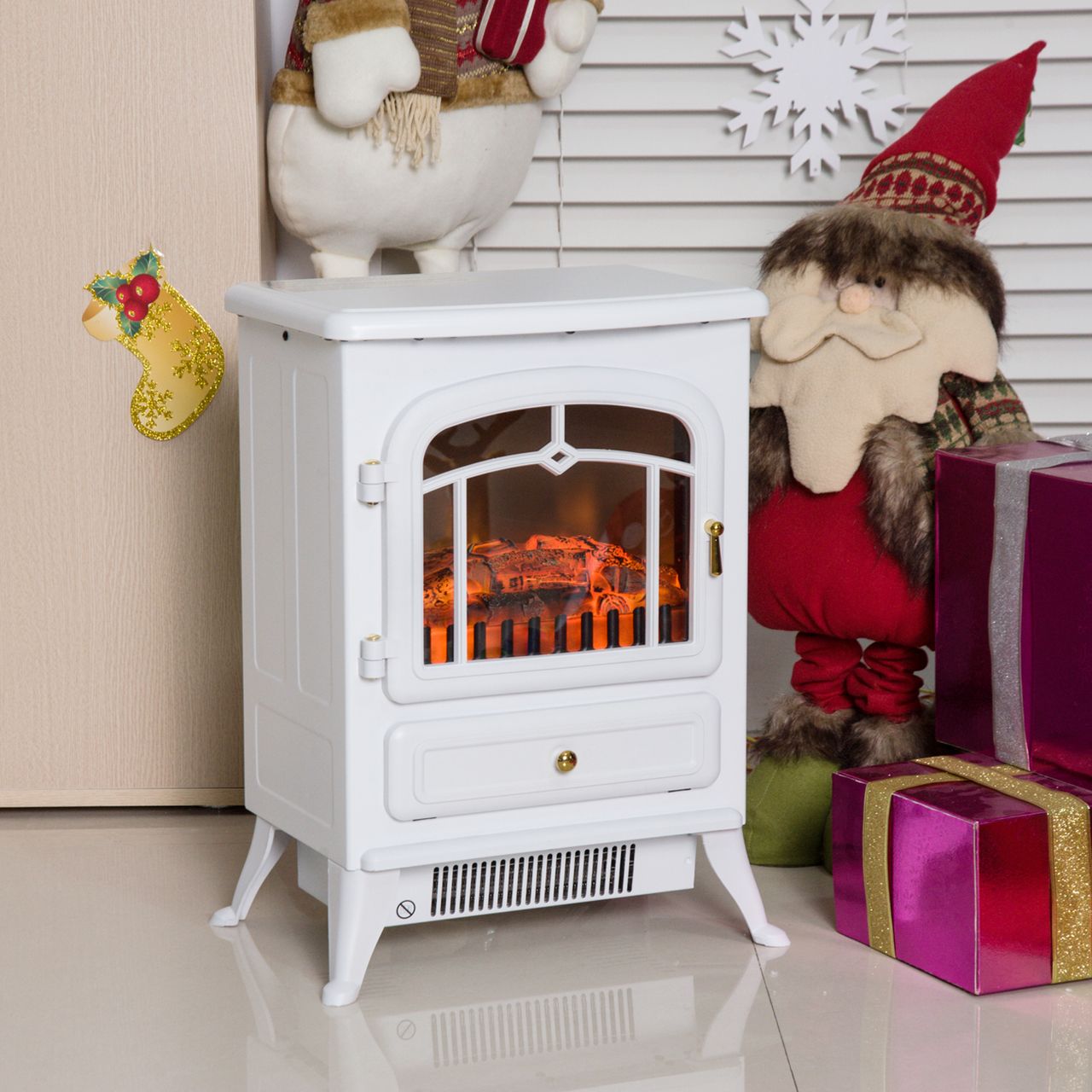 HOMCOM Elektrokamin Kaminofen Flammeneffekt 950/1850W Überhitzungs-Schutz Metall Weiß 41,5 x 28 x 54,8 cm