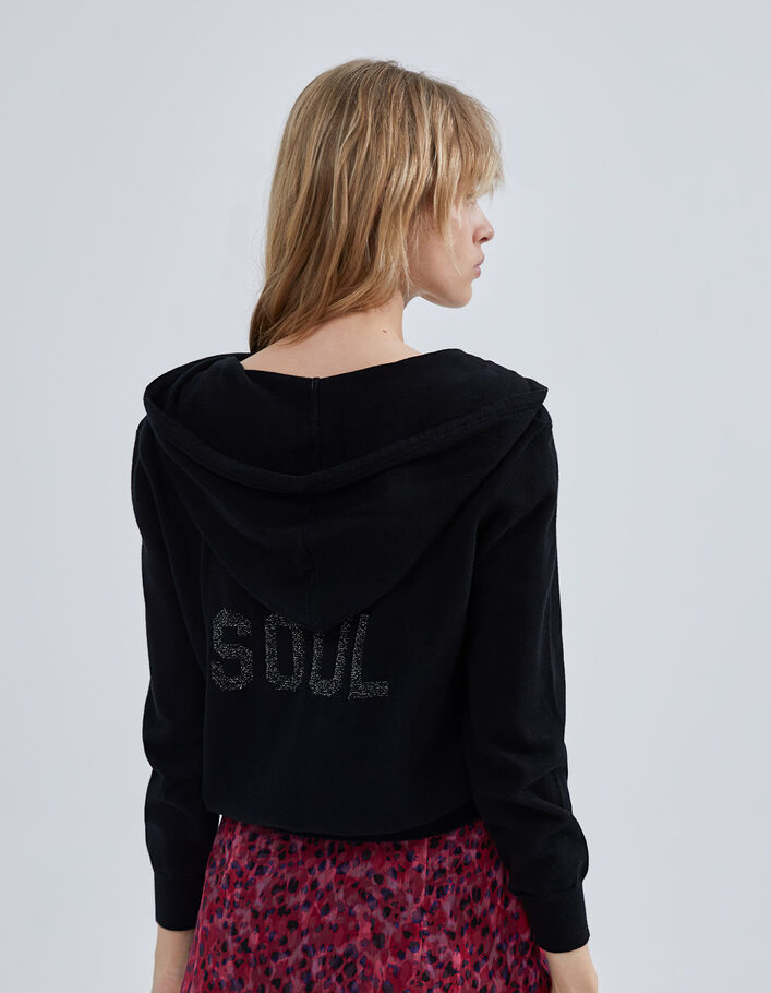 Cardigan noir tricot jacquard message devant dos Femme