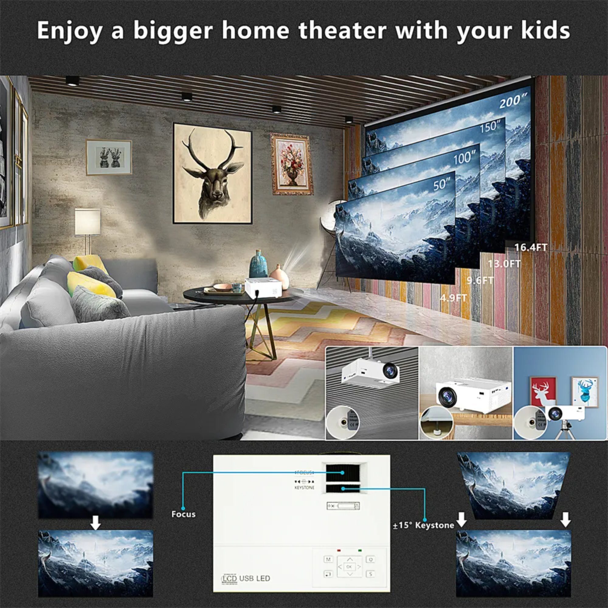 TransJee 1080P HD Projektor WiFi 3D LED Mini Video Theater Heimkino LED-Beamer (10000:1, 1280*720 px, Internetfähig, integriertes Internet, integrierte Lautsprecher)