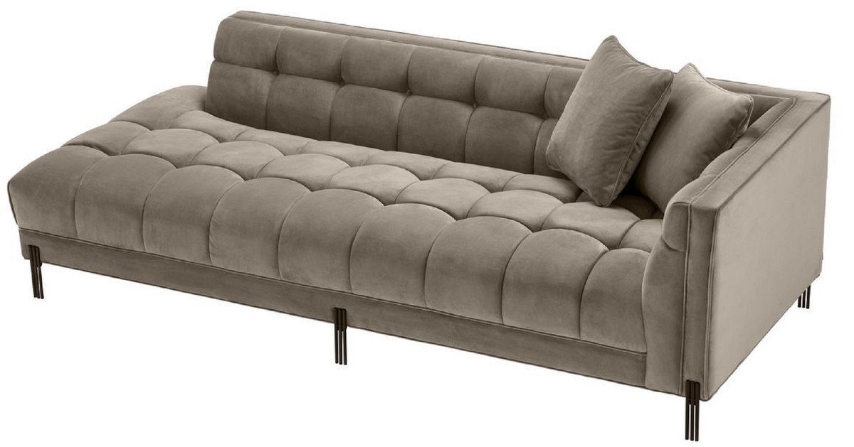 Casa Padrino Loungesofa Luxus Lounge Sofa Greige / Schwarz 223 x 95 x H. 68 cm - Rechtsseitiges Wohnzimmer Sofa mit edlem Samtsoff und 2 Kissen