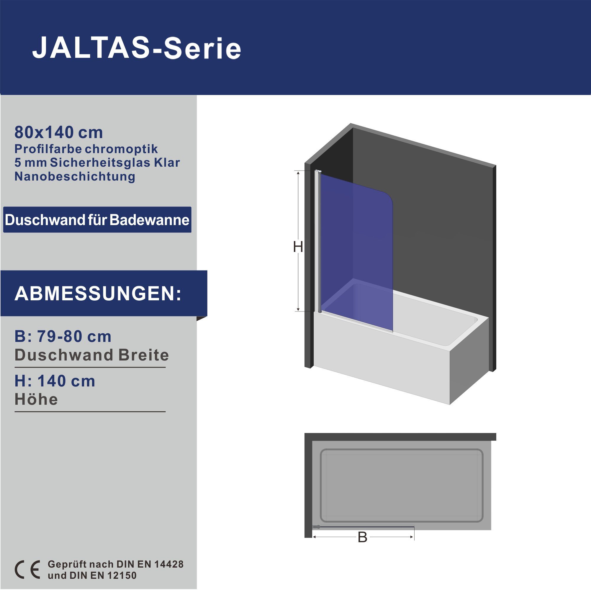 AQUALAVOS Badewannenaufsatz Badewannenaufsatz 1-teilig Nano Glas 80x140 cm Duschwand für Badewanne, Einscheiben-Sicherheitsglas (ESG) 5 mm mit Nanobeschichtung, Spritzschutz im Bad, mit Verstellbereich, Rechts- und Links Montage