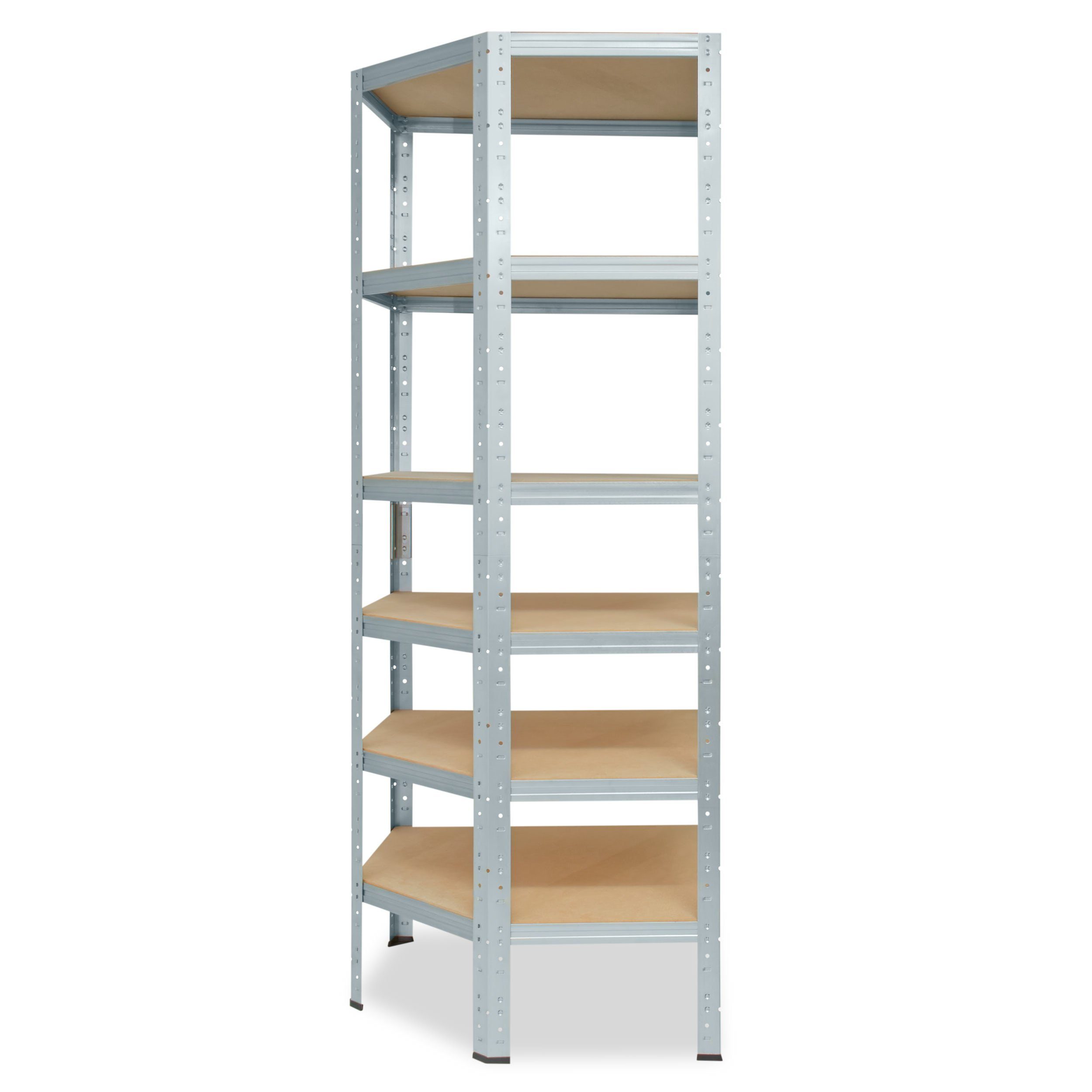 shelfplaza Eckregal HOME, 200x90x60cm verzinkt, Metall Eckregal stehend mit 6 Böden, Corner Shelf 145kg Tragkraft Schwerlastregal Ecke, Steckregal verzinkt Eckregal Keller Garagen Regal