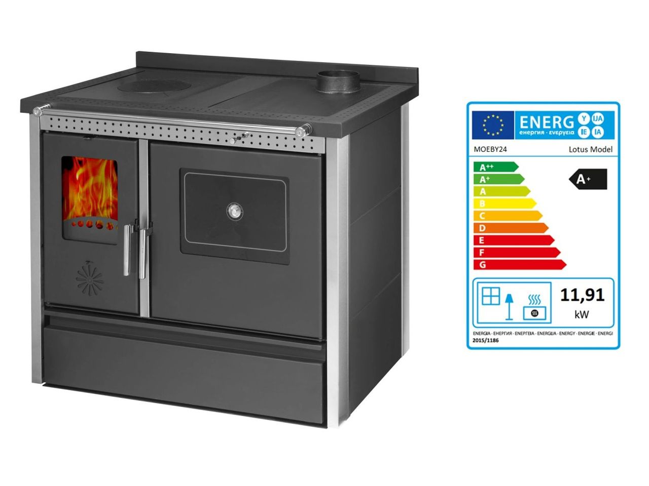 Moeby24 Küchenofen Lotus Inox Holzherd Kaminofen Herd Gusseisen 11,91KW BimSchV2 EEK A  150mm