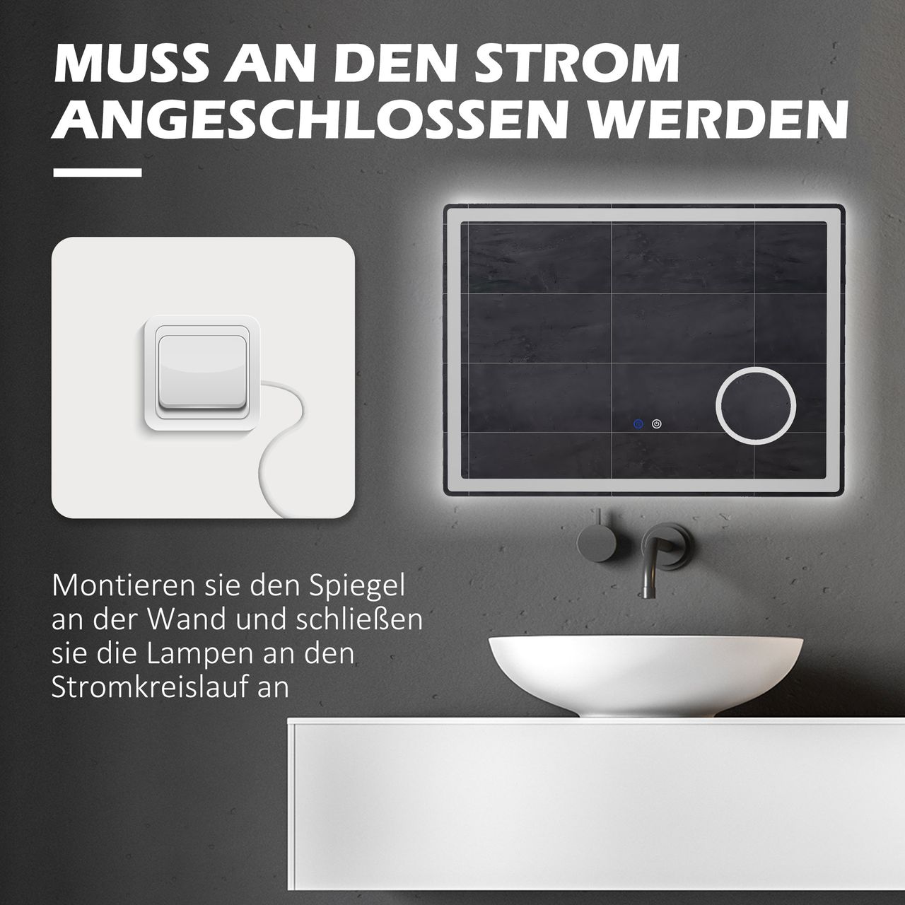 kleankin LED Badezimmerspiegel, 80 x 60 cm Badspiegel mit 3x Vergrößerung