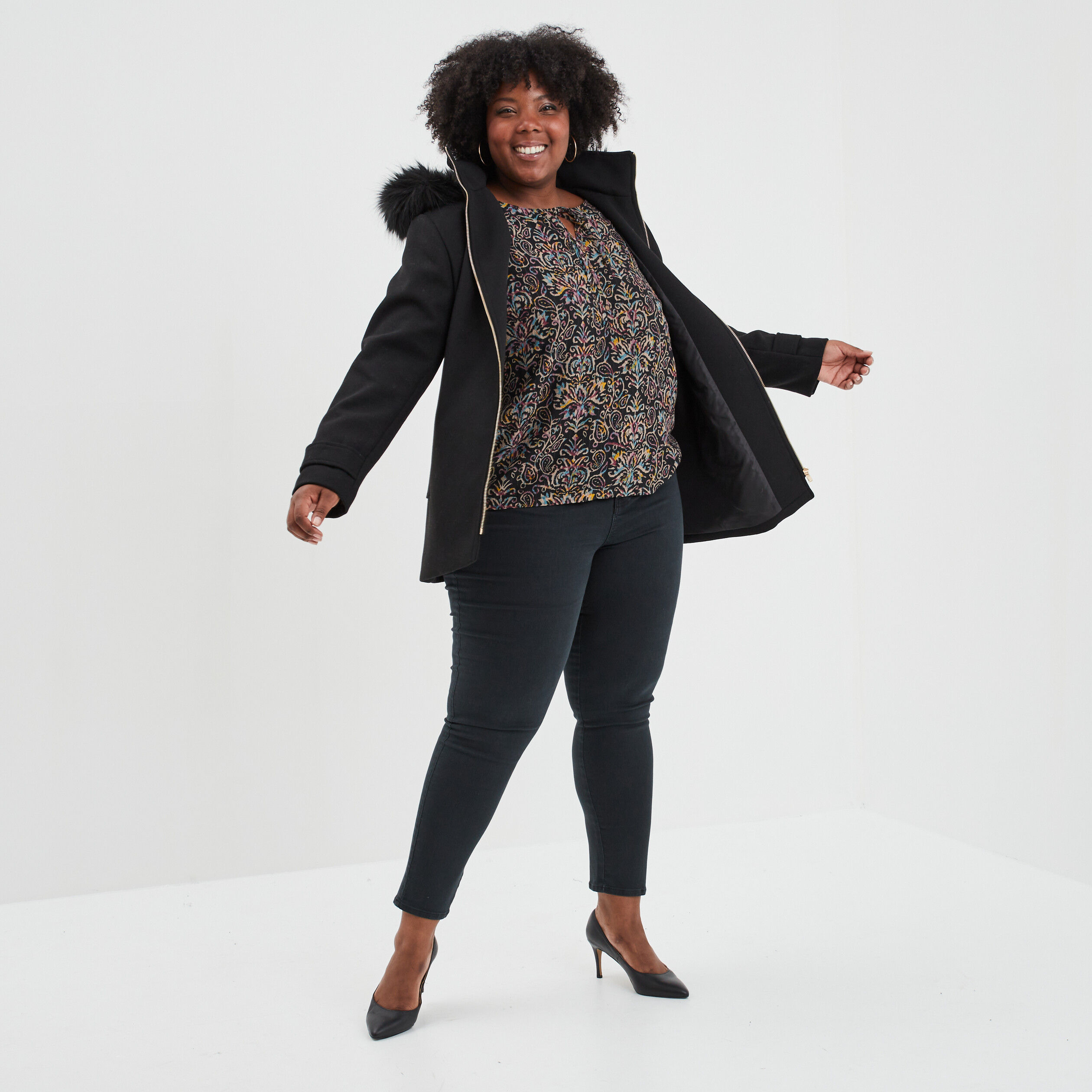 Blouse cordons au col manches longues noir femme grande taille | La Halle