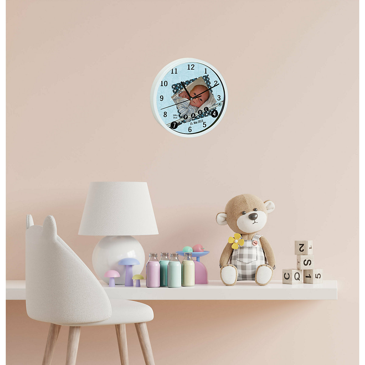 Kinder Wanduhr personalisiert mit Name Scrapbooking blau