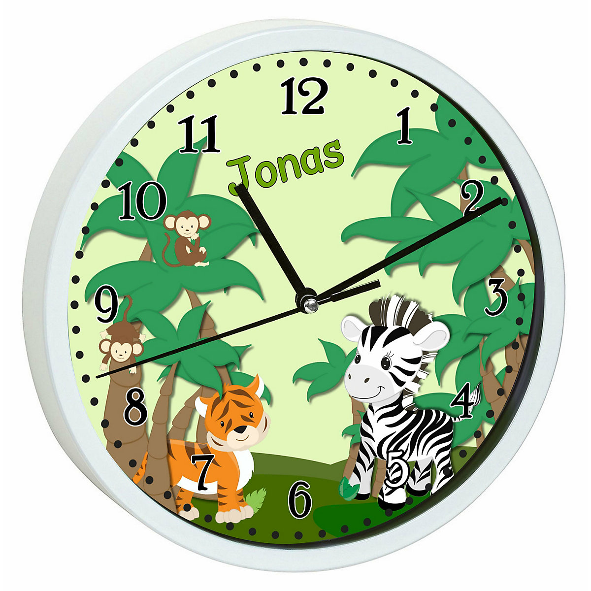 Kinder Wanduhr laufruhig personalisiert mit Name Safari-Zebra