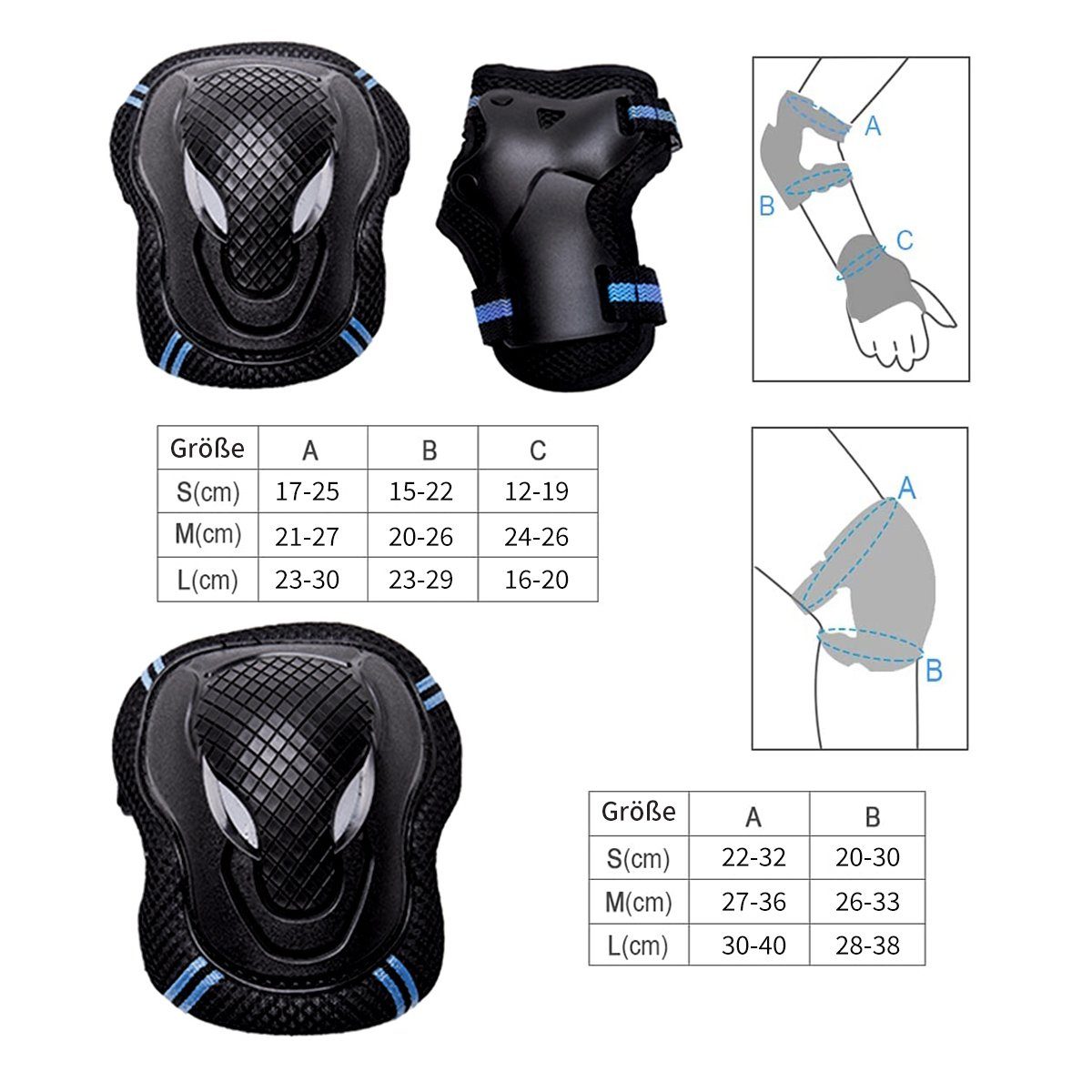 7Magic Protektoren-Set S/M/L 6 in 1 Profi Knieschützer (Verstellbar Knieschoner Ellenbogenschützer), für Outdoor Sport, Inliner Skaten, Roller, Skateboard