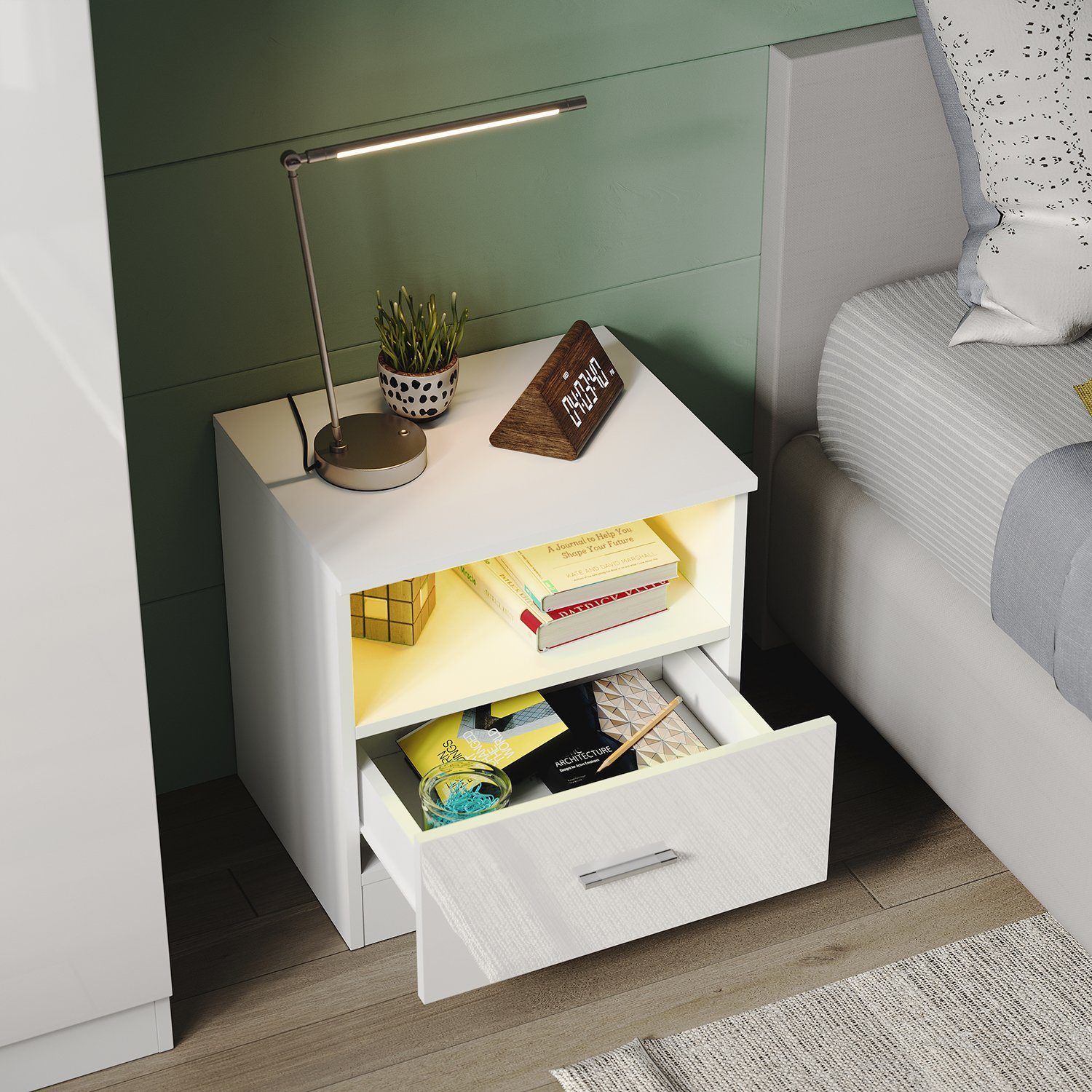 SONNI Nachtkonsole Nachttisch mit led beleuchtung,schublade 45x35xH46.5cm, Nachtkommode weiss hochglanz, 45cm breit