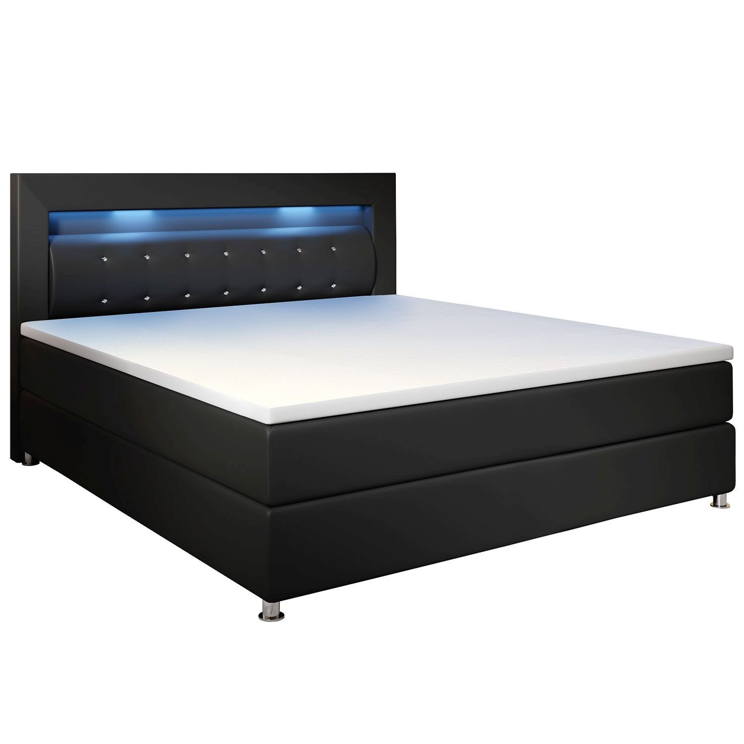 Juskys Boxspringbett Montana, 120x200 cm, Einzelbett mit Topper, Kopfteil und LED-Beleuchtung