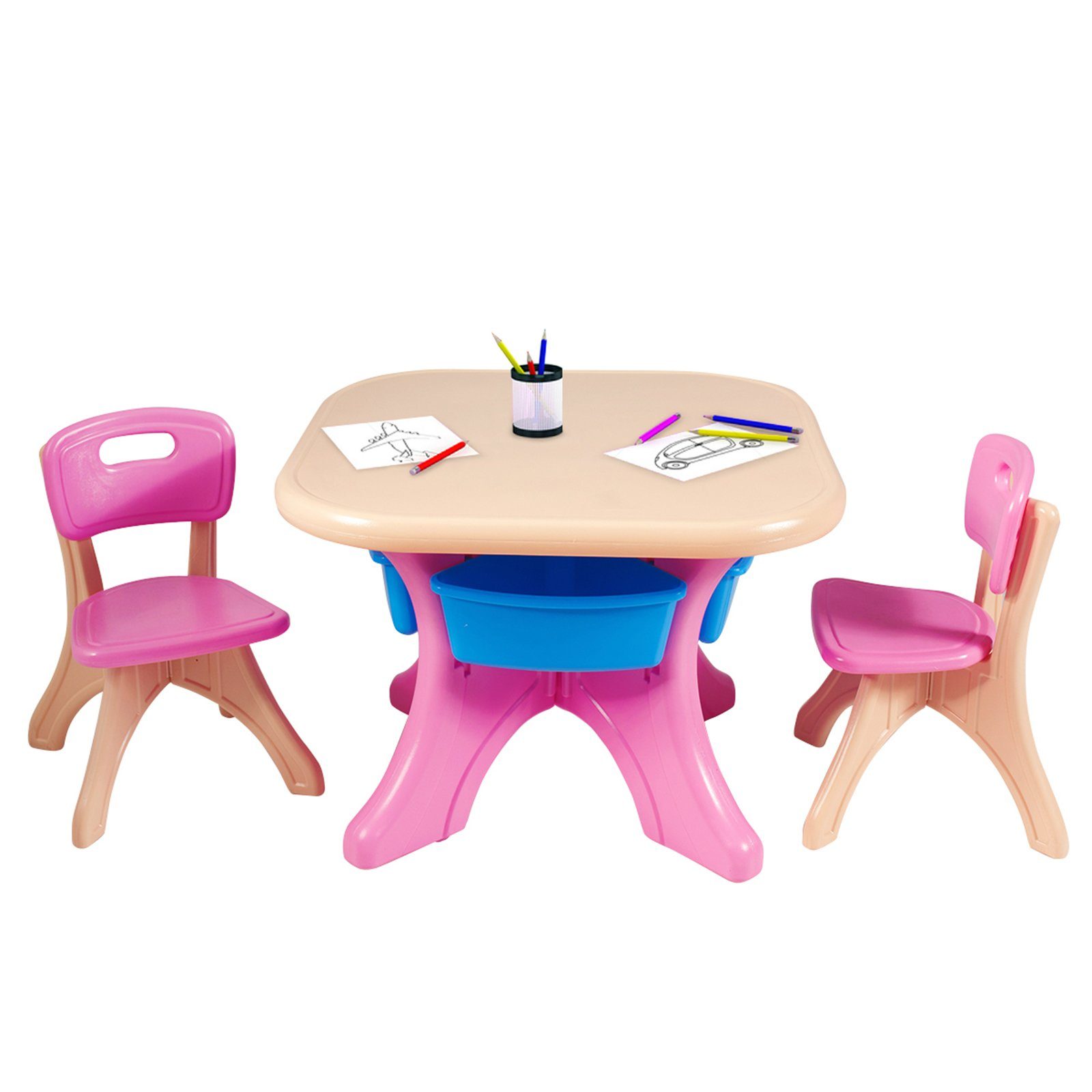 COSTWAY Kindersitzgruppe, mit 2 Stühlen&Kindertisch, mit Stauraum, Kunststoff