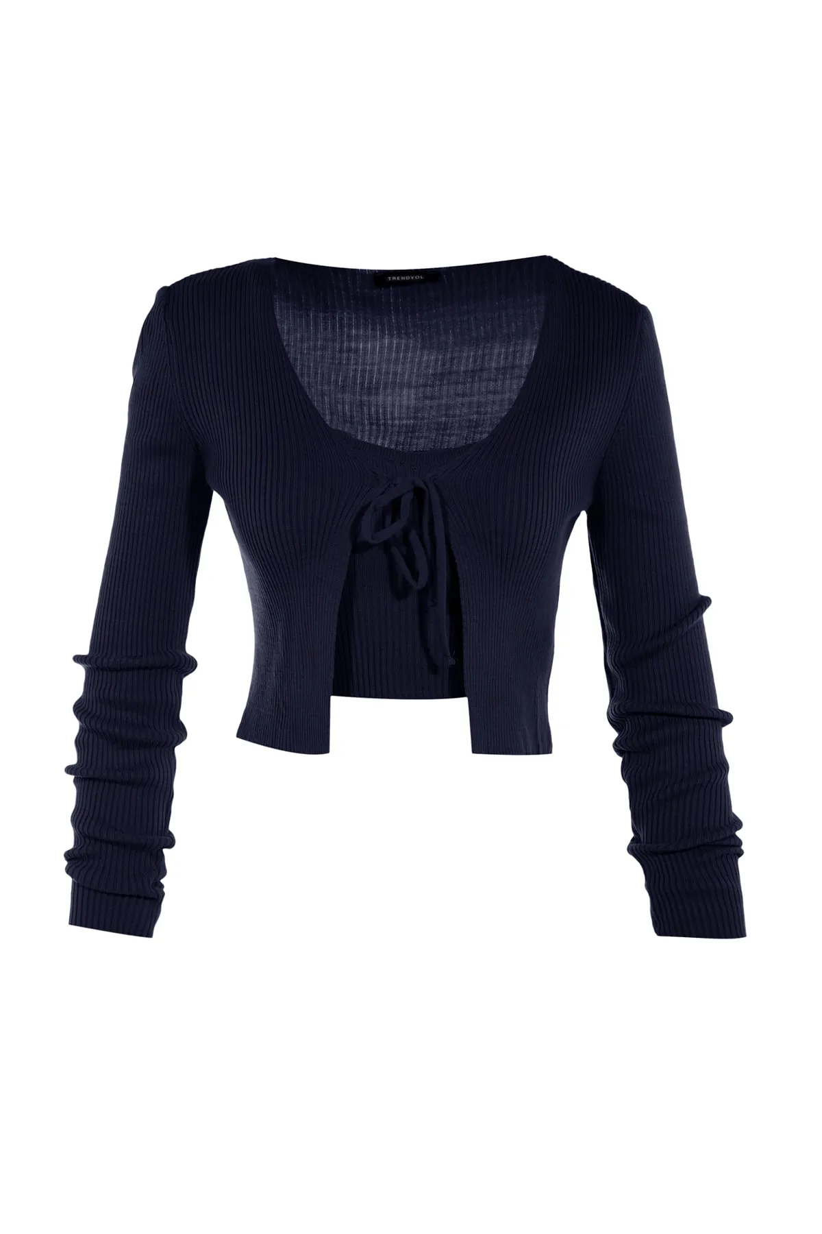 Trendyol Collection  Marineblaues, kurzes Strickset mit Bluse und Strickjacke zum Binden, Strickcardigan TWOSS21HI0002
