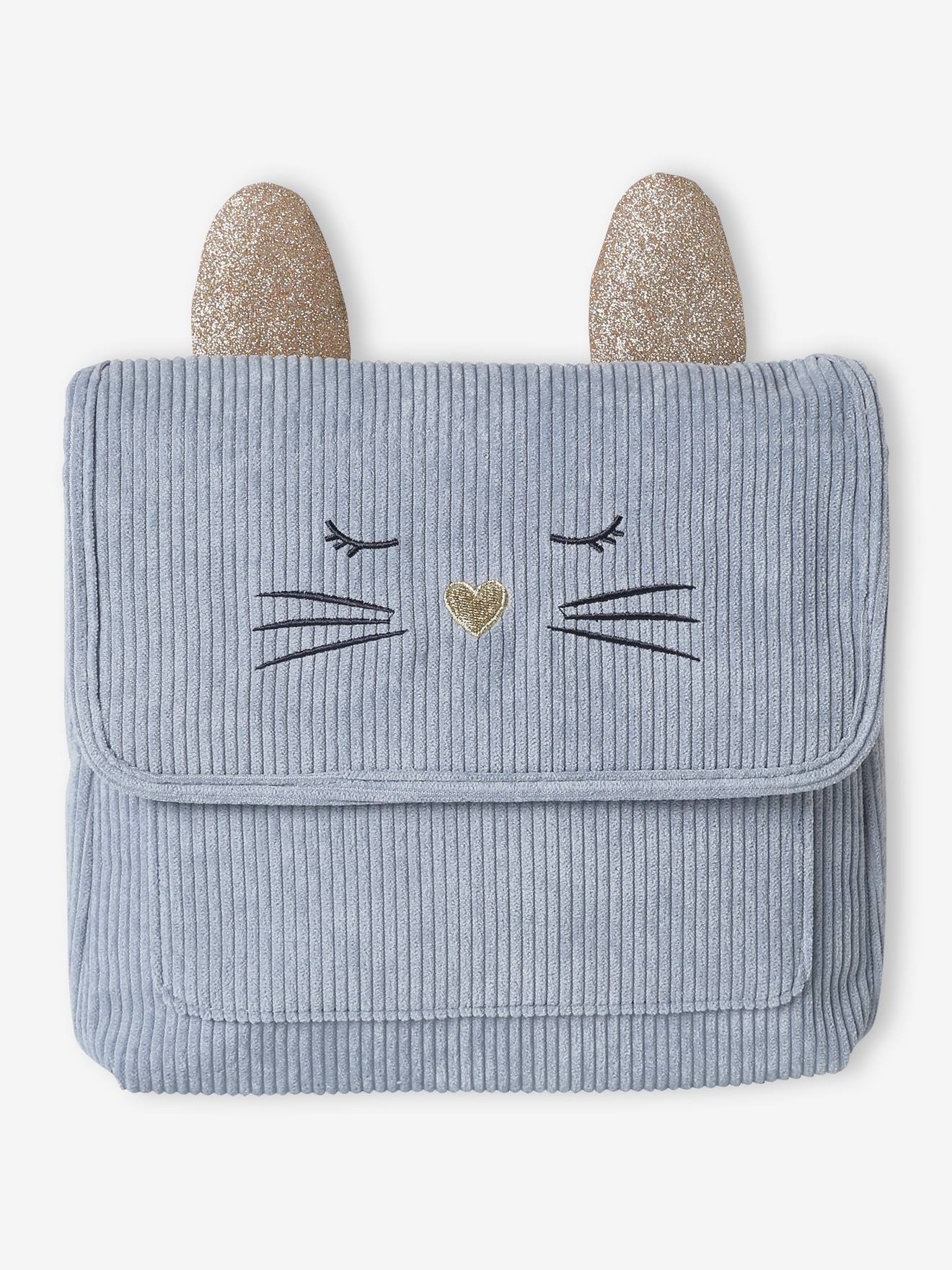 Cartable maternelle chat en velours enfant bleu grisé
