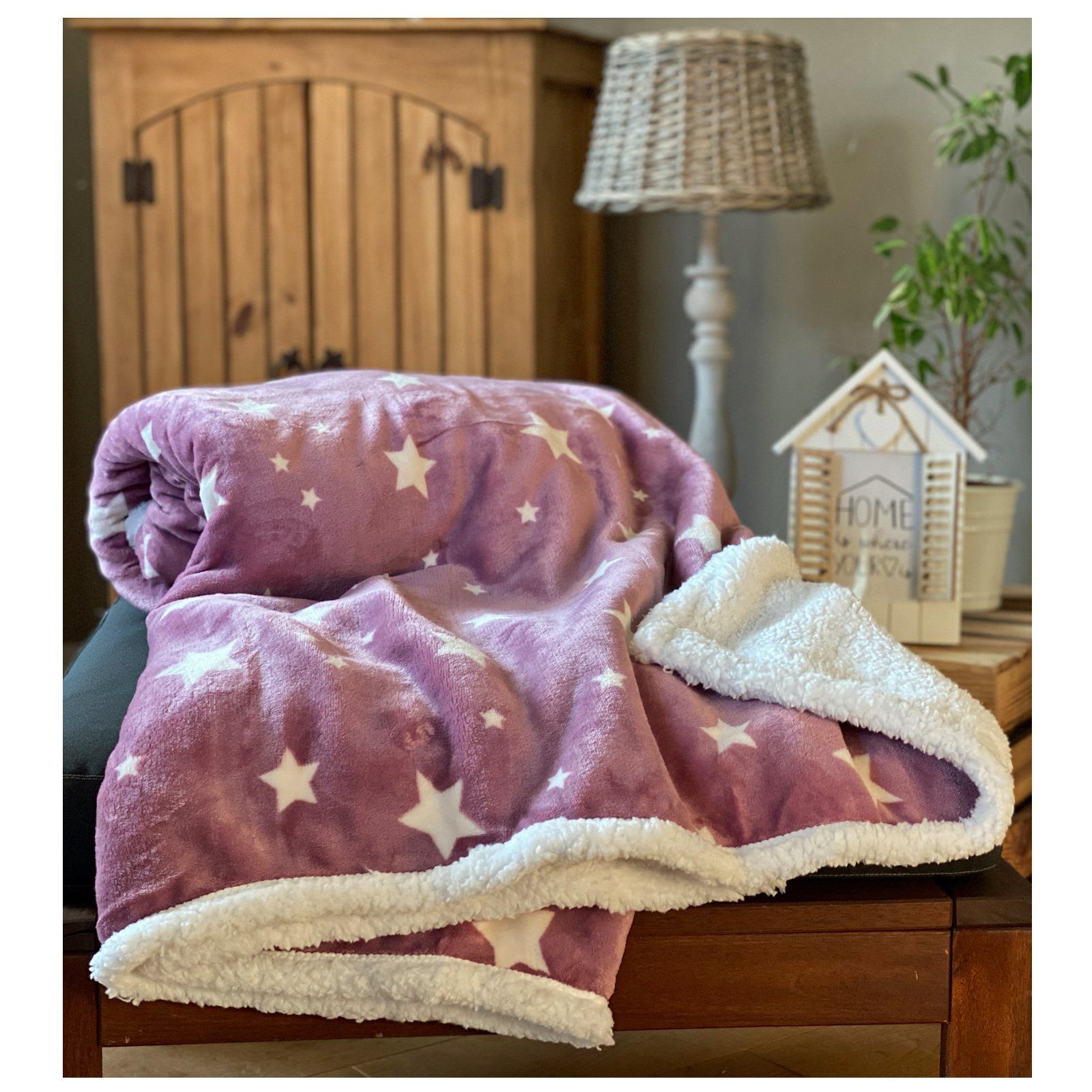 Wohndecke Soft Flanell Sterne Kuscheldecke mit Sherpa Fell, heimtexland, Sofadecke 150x200 I extra dick I warm I kuschelig weich