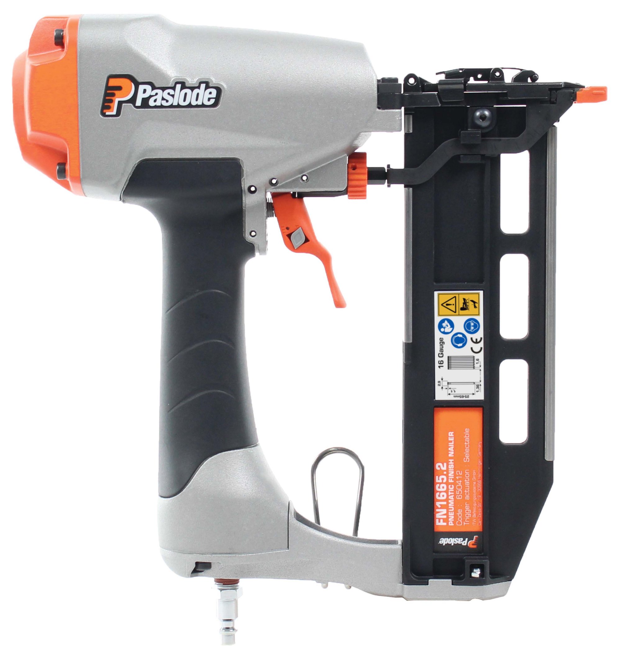 Paslode 695958 FN 1665.2 Druckluftnagler (25–65 mm) mit Stiften 1,6 mm + 20.000 Stauchkopfnägel im Koffer