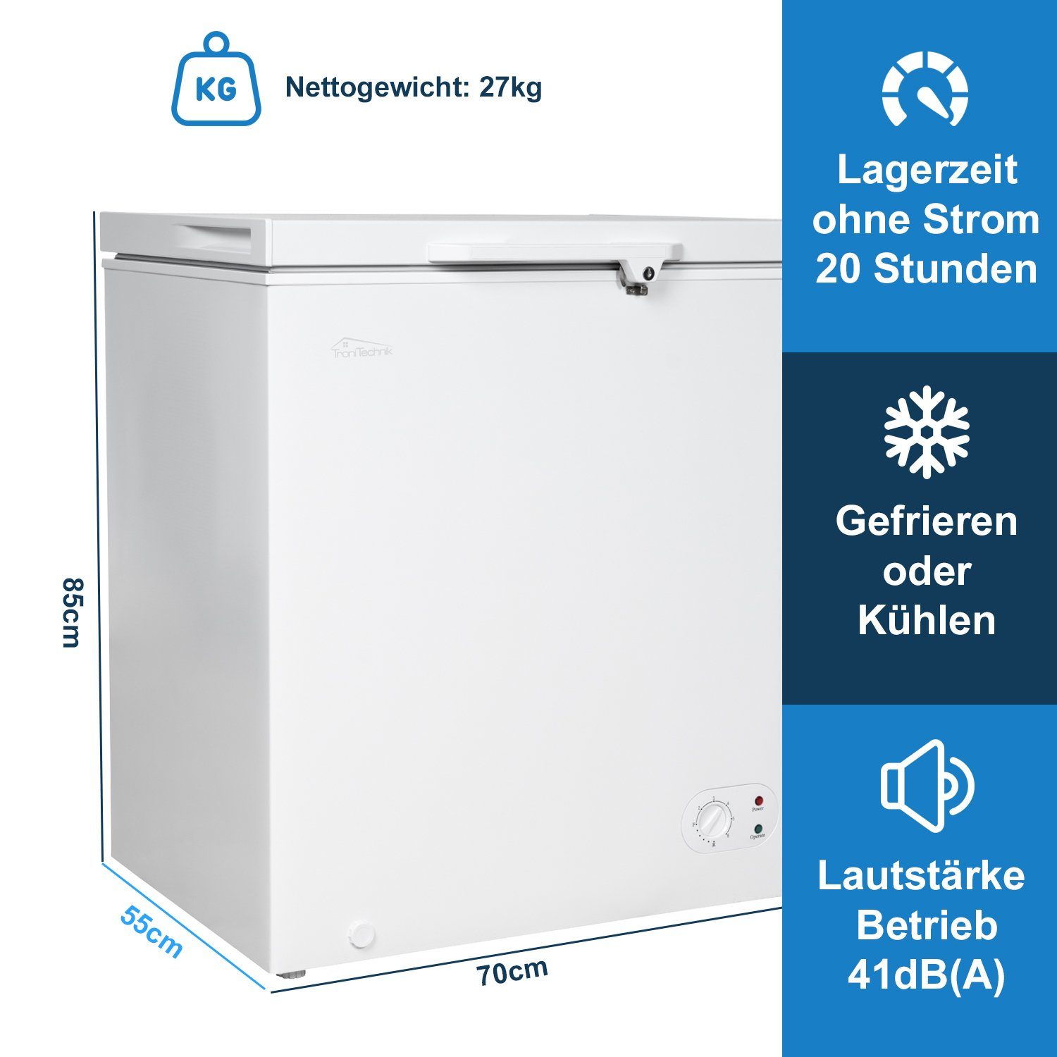 TroniTechnik Gefriertruhe BORGAR 160 PRO, 70 cm breit, 147 l, inkl. Dual Thermostat, LED Licht, Griff, Schloss, Rollen, Einlegekorb