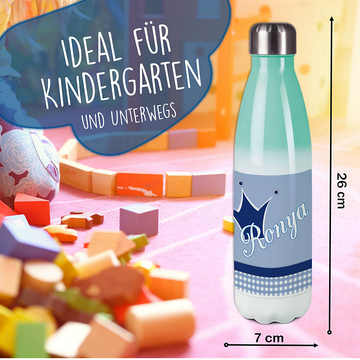 Edelstahl Kinder Thermoflasche / Trinkflasche bunt Krone Farbe blau Spülmaschinenfest, Auslaufsicher, Bruchfest, Doppelwandig, Für Heißgetränke geeignet, Mit Deckel, Isoliert