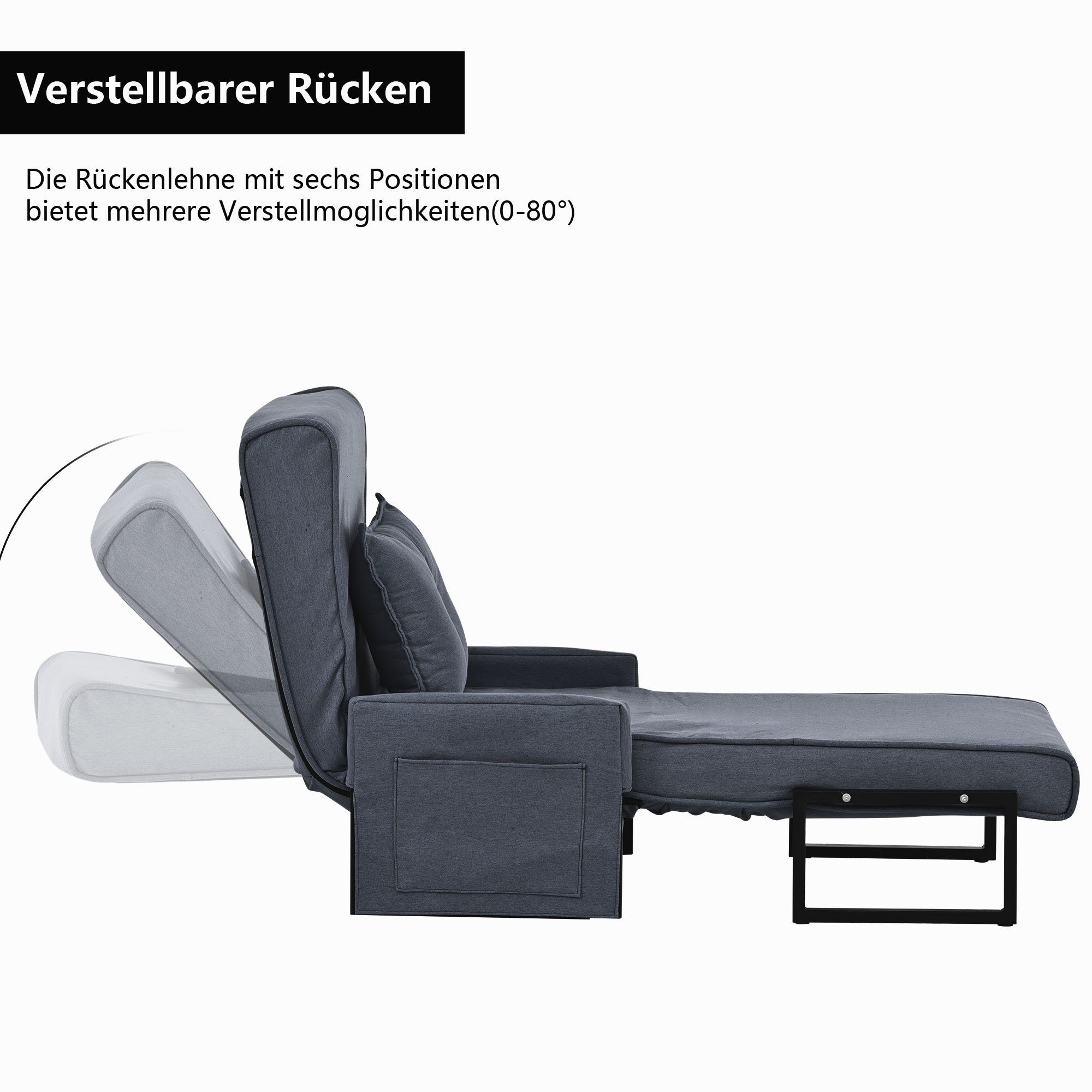 Merax Relaxsessel 3-in-1 faltbar mit Leinenbezug und Metallrahmen, Schlafsessel, Liegesessel mit 6 Fach vestellbarer Rücklehne, Relaxliege umwandelbar