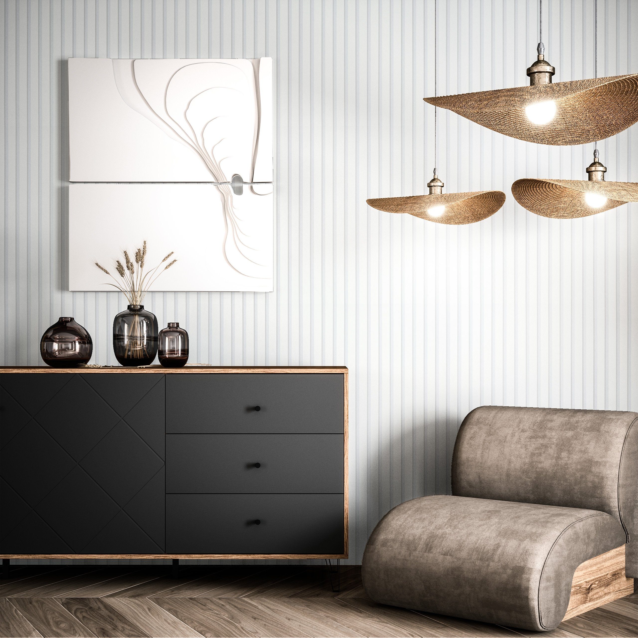 Newroom Vliestapete, Weiß Tapete Skandinavisch Paneele - Wandpaneele Holzpaneele Modern Lamelle für Wohnzimmer Schlafzimmer Flur