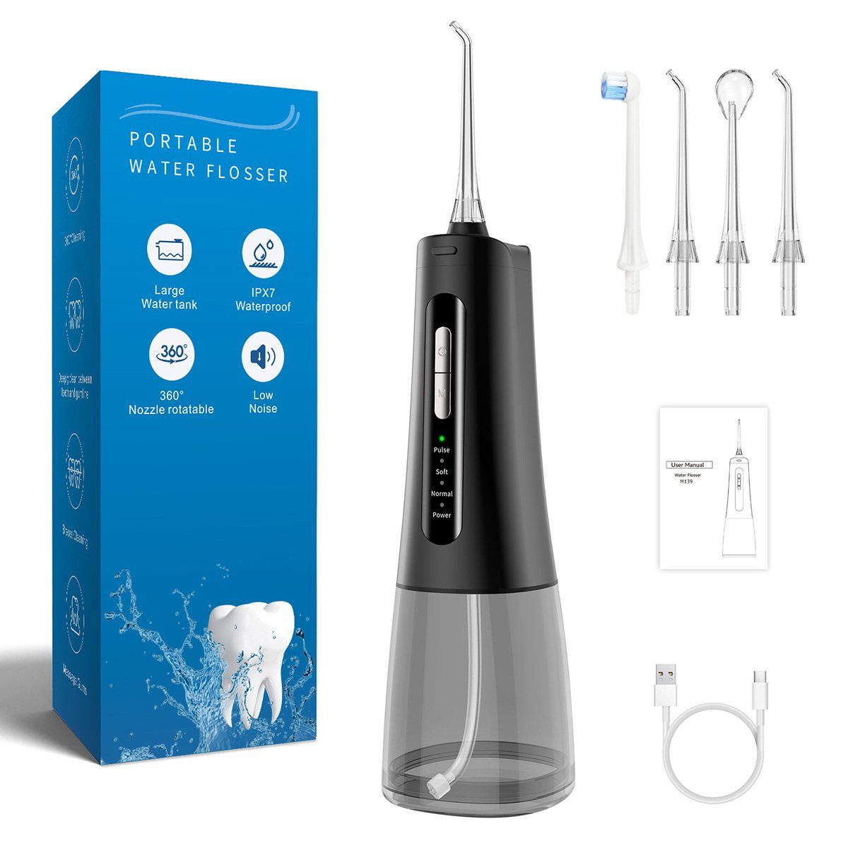flowgoer Munddusche Akku-Munddusche, 300 ml, wasserfeste Dusche, Interdentalreiniger, Tragbar, 4 Modi, 4 Düsen, 40 Tage Nutzung mit einer einzigen Ladung