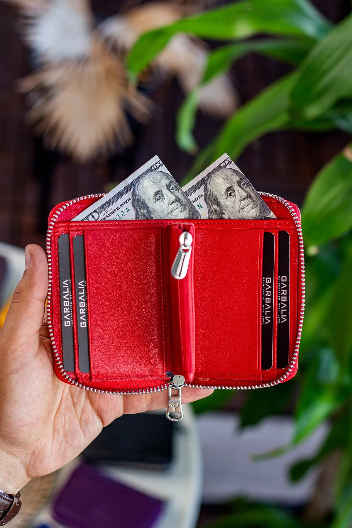 Garbalia  Sydney Echtes Leder-Reißverschluss-Unisex-Geldbörse in Rot mit Münzfach