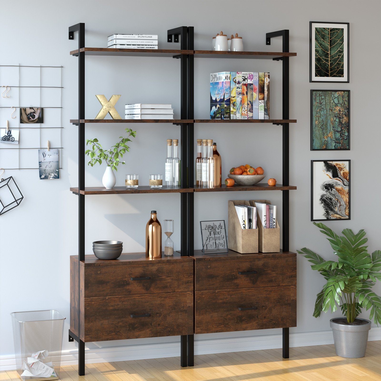 Homfa Leiterregal, Bücherregal 2 Schublade Standregal 3 Ablagen schwarz 185cm