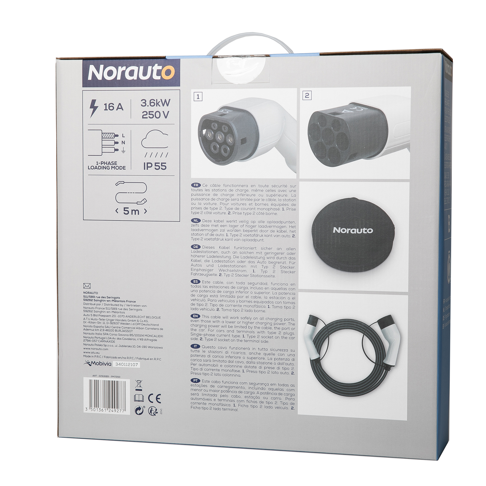 Norauto E-Ladekabel Typ 2, 16 A, einphasig, 3,6 kW, 5 Meter - ATU
