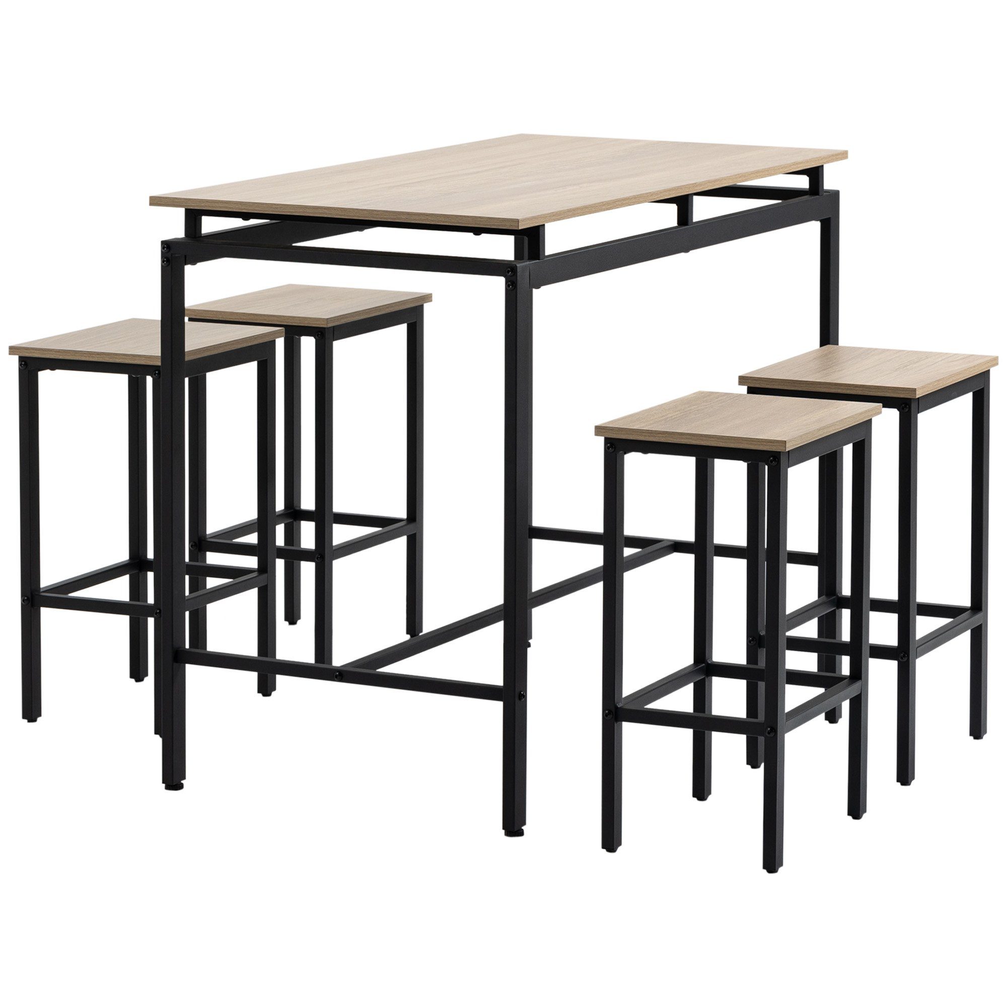HOMCOM Bartisch Bartisch, Barhocker, 5-tlg. Set, Industrial Design, 120 x 60 x 90cm