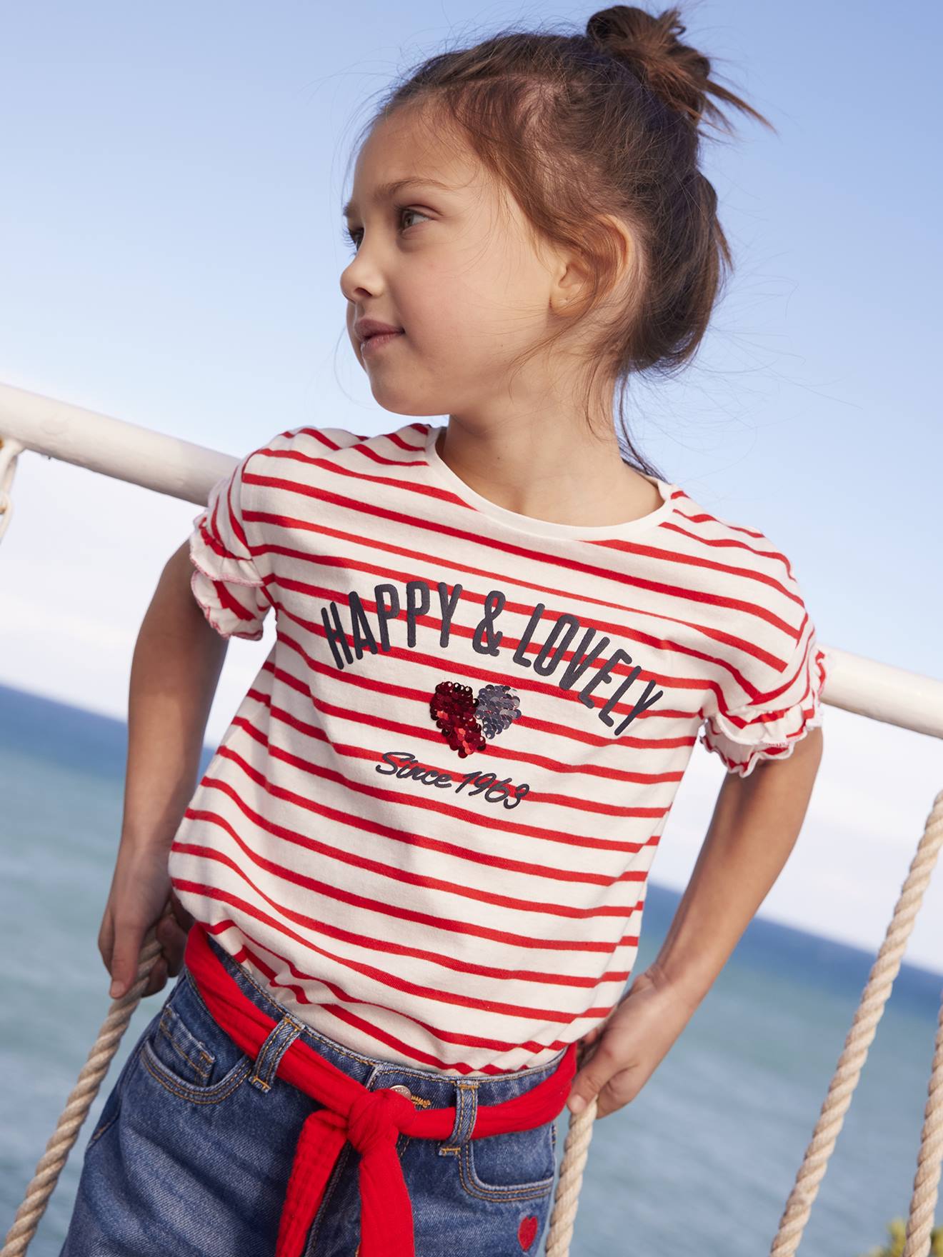 Tee-shirt rayé avec coeur en sequins fille rayé bleu