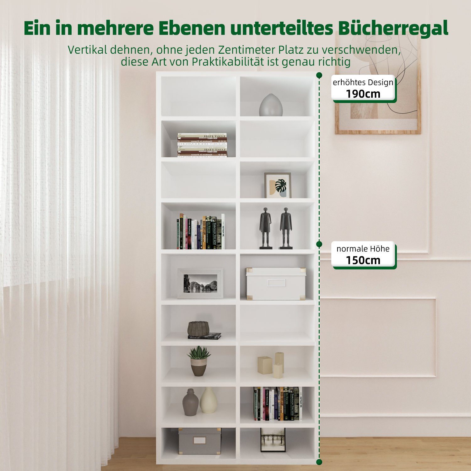 Authmic Bücherregal Regal, Standregal, Bücherregal, Leiterregal, CD Regal mit 18 Fächern CD Ständer höhenverstellbar Standregal Raumteiler für Wohnzimmer Arbeitszimmer Weiß, für Wohnzimmer, Schlafzimmer