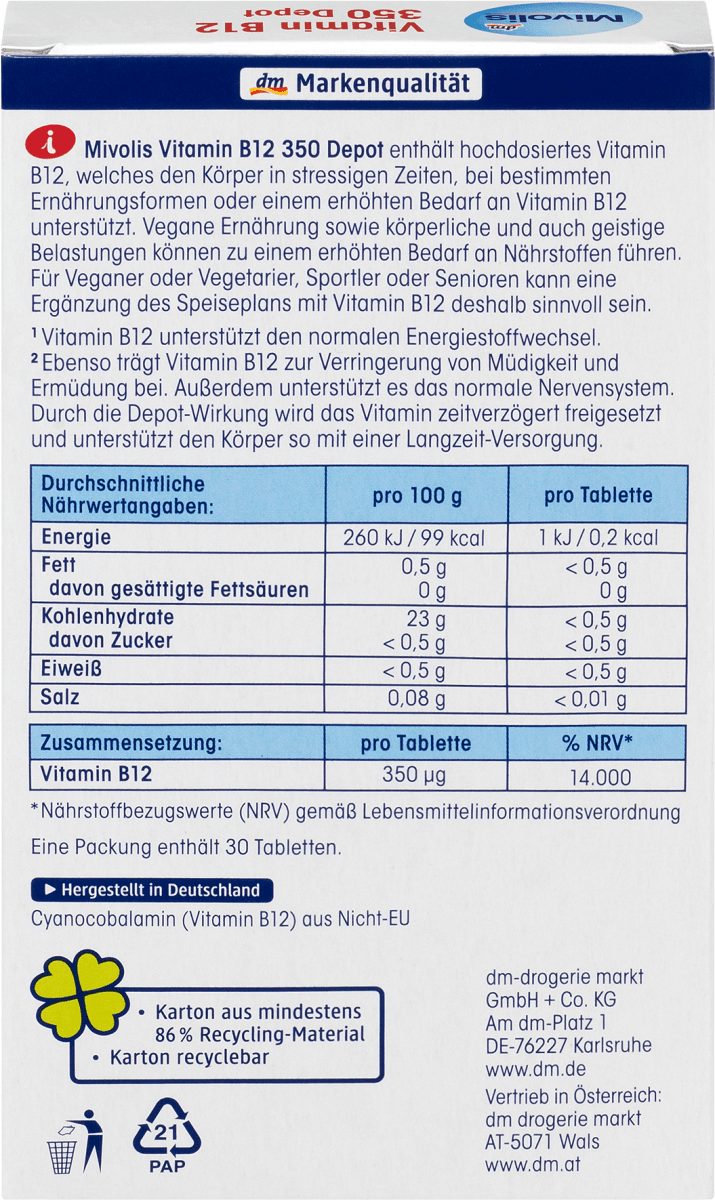 Vitamin B12 350 Depot, 30 Mini-Tabletten, 6 g