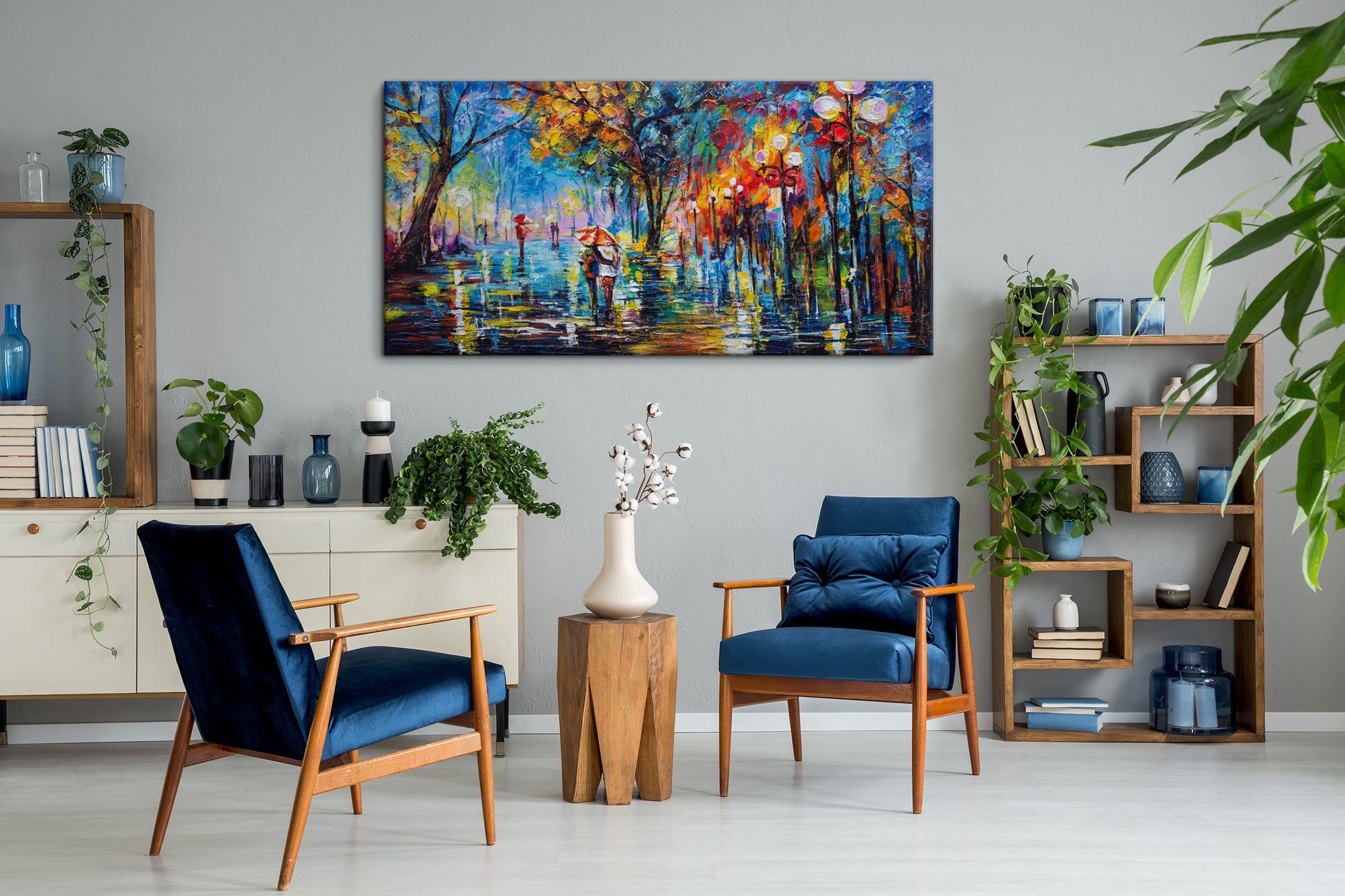 YS-Art Gemälde Herbstliche Allee, Menschen, Paar Regenschirm Leinwand Bild Handgemalt Allee Baum
