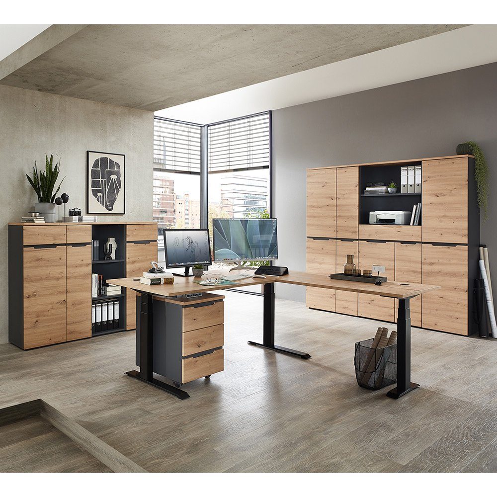 Lomadox Stauraumschrank MANRESA-36 1-türig, rechts/links montierbar, graphit mit Eiche, 45cm breit