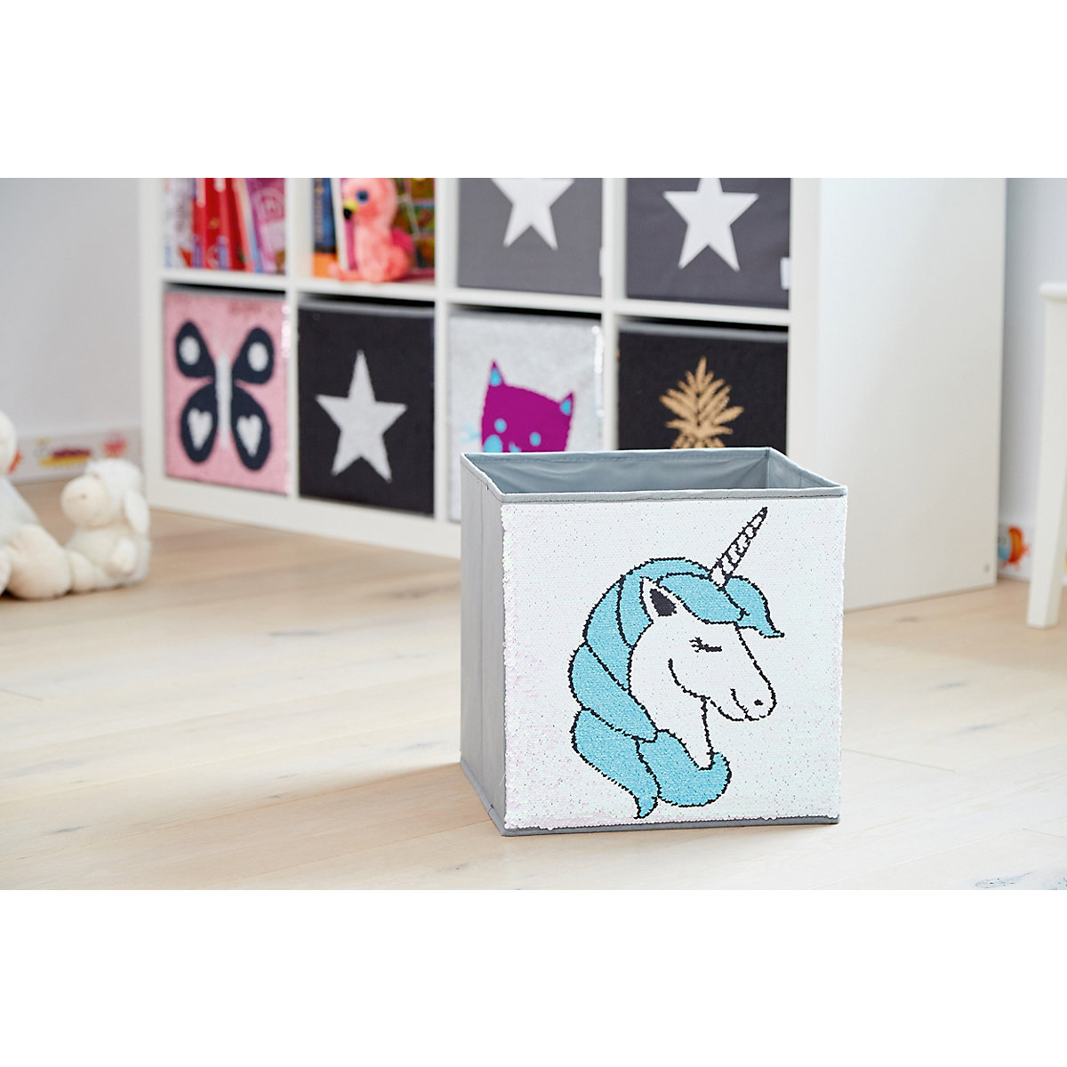 Aufbewahrungsbox Streichpailletten Einhorn rosa/blau, ohne Deckel, 32 x 32 x 32 cm