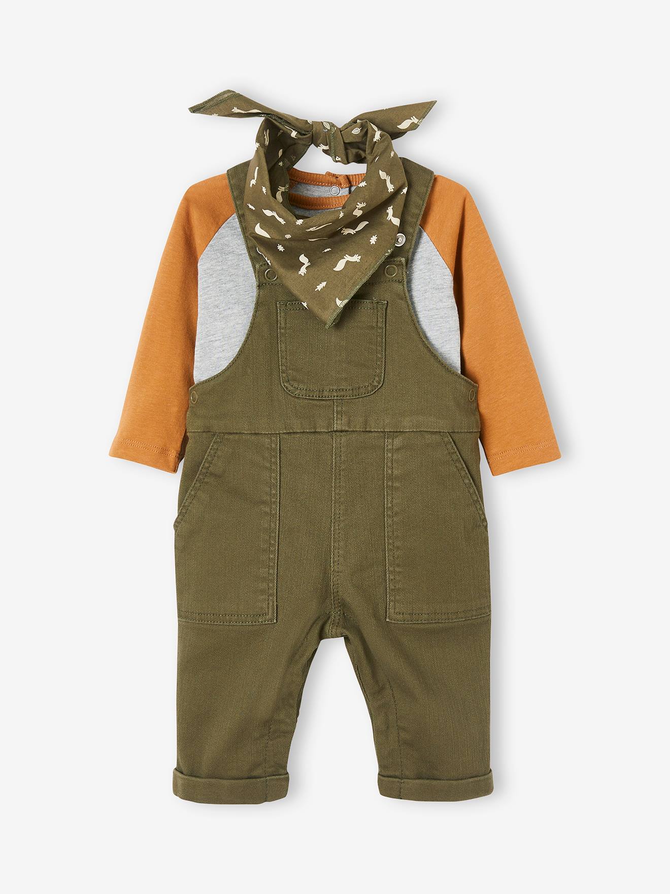 Ensemble 3 pièces bébé salopette, T-shirt et bandana kaki