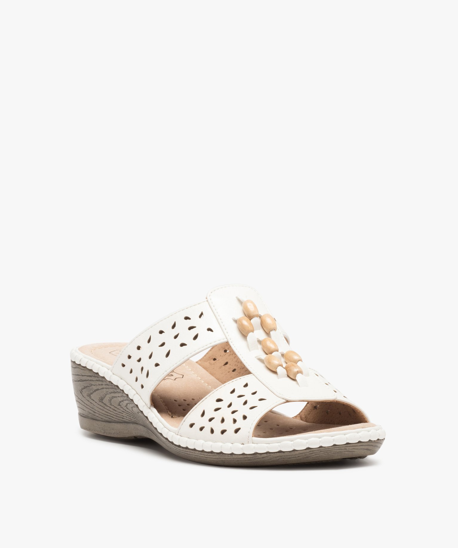 Mules femme confort à brides ajourées et perles en bois ecru | GEMO
